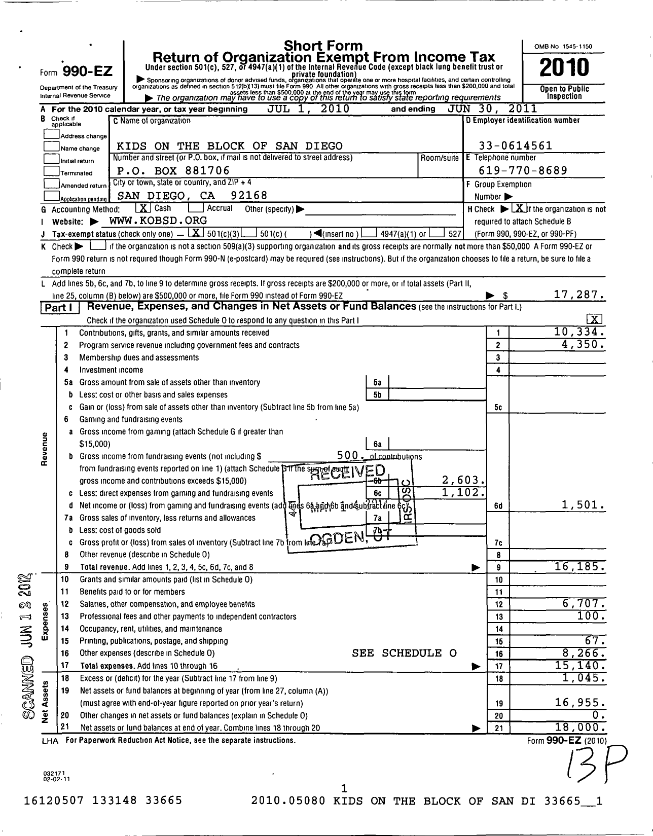 Image of first page of 2010 Form 990EZ for Kids on the Block of San Diego