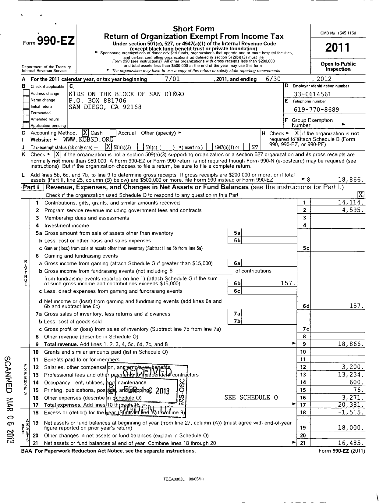 Image of first page of 2011 Form 990EZ for Kids on the Block of San Diego