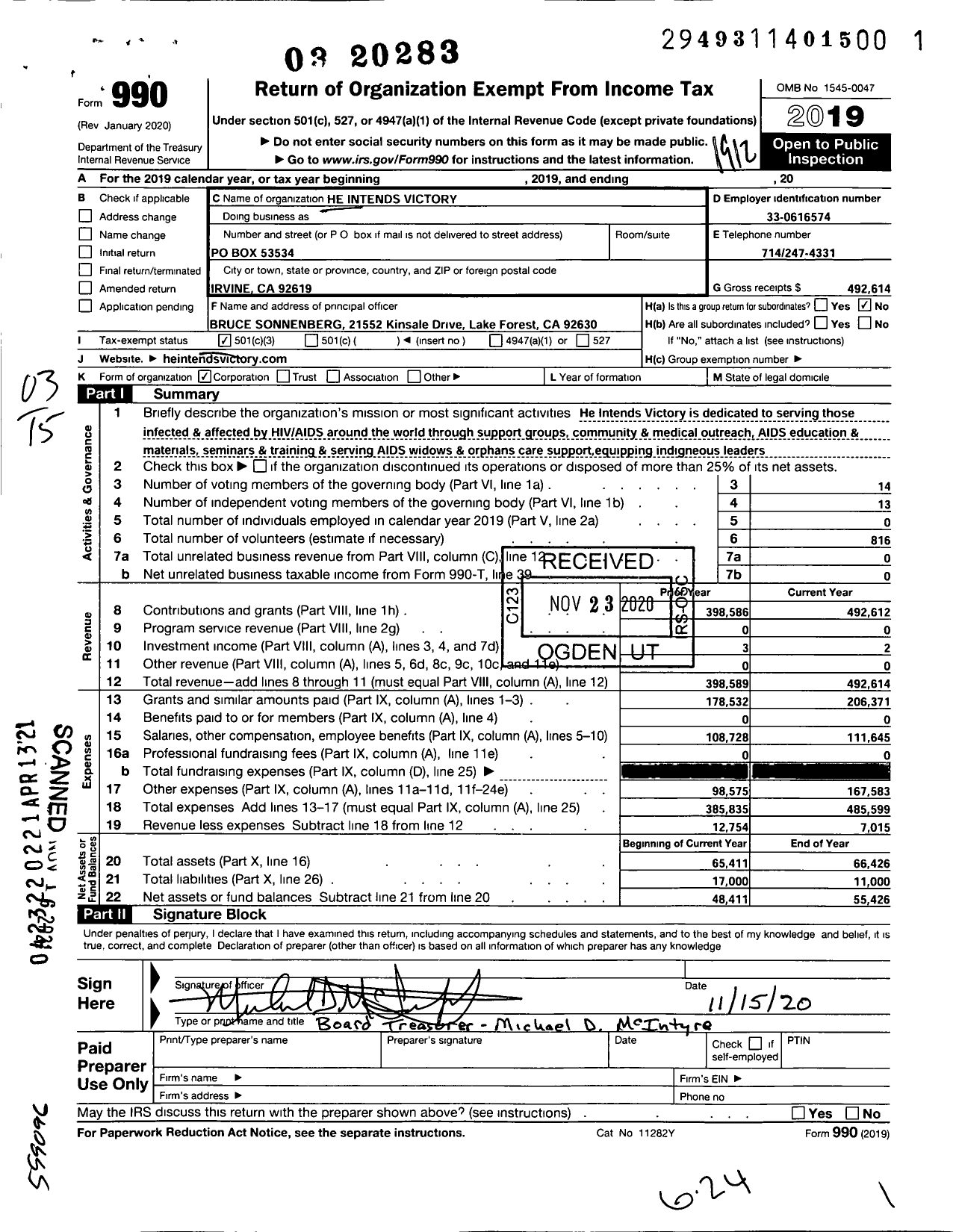 Image of first page of 2019 Form 990 for He Intends Victory