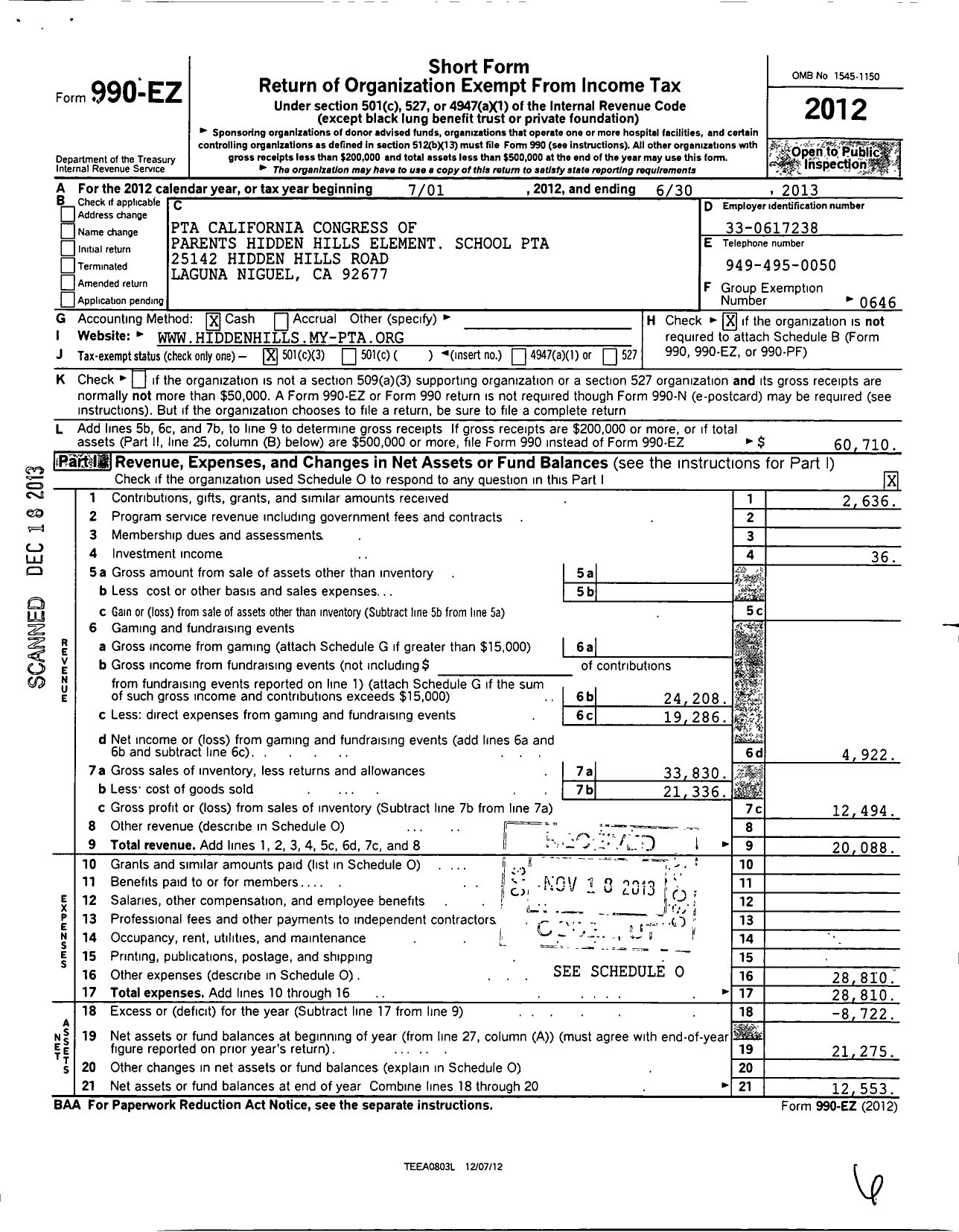 Image of first page of 2012 Form 990EZ for California State PTA - Hidden Hills Elementary PTA