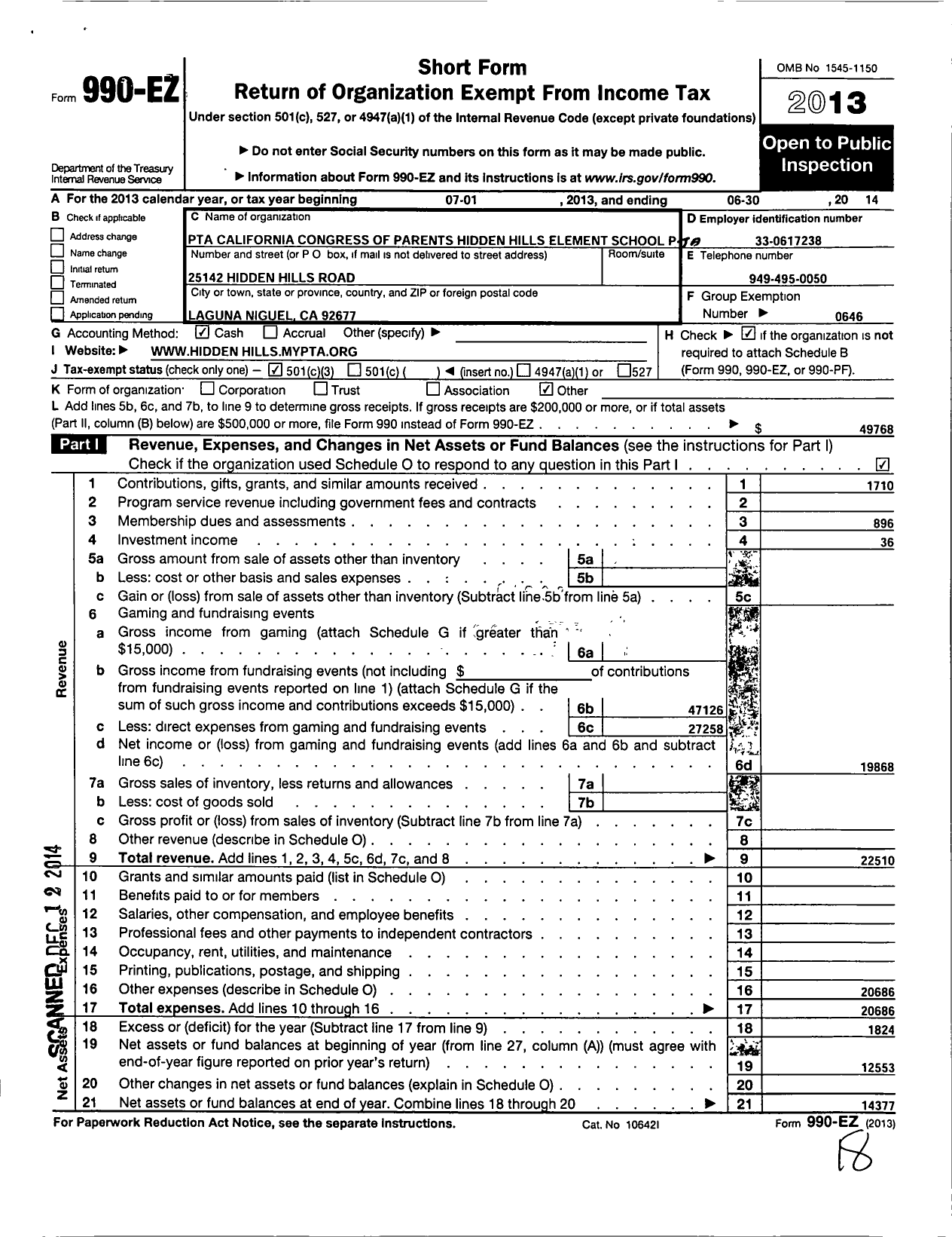 Image of first page of 2013 Form 990EZ for California State PTA - Hidden Hills Elementary PTA