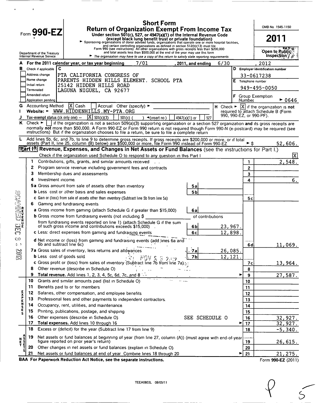 Image of first page of 2011 Form 990EZ for California State PTA - Hidden Hills Elementary PTA