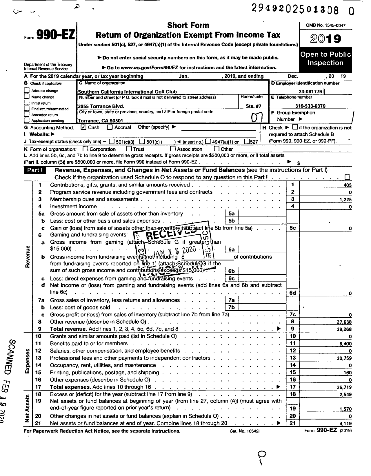 Image of first page of 2019 Form 990EO for Southern California International Golf Club