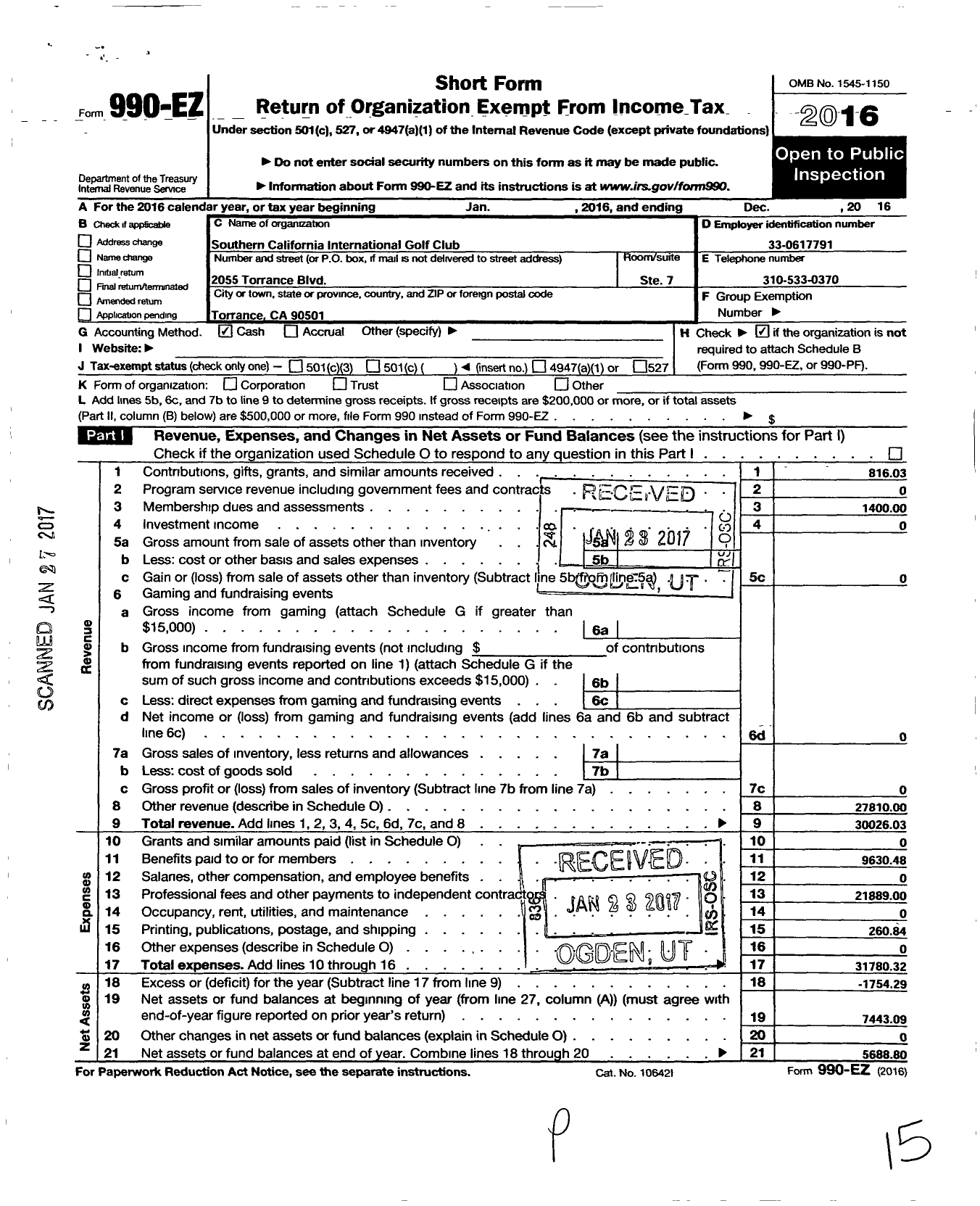 Image of first page of 2016 Form 990EO for Southern California International Golf Club