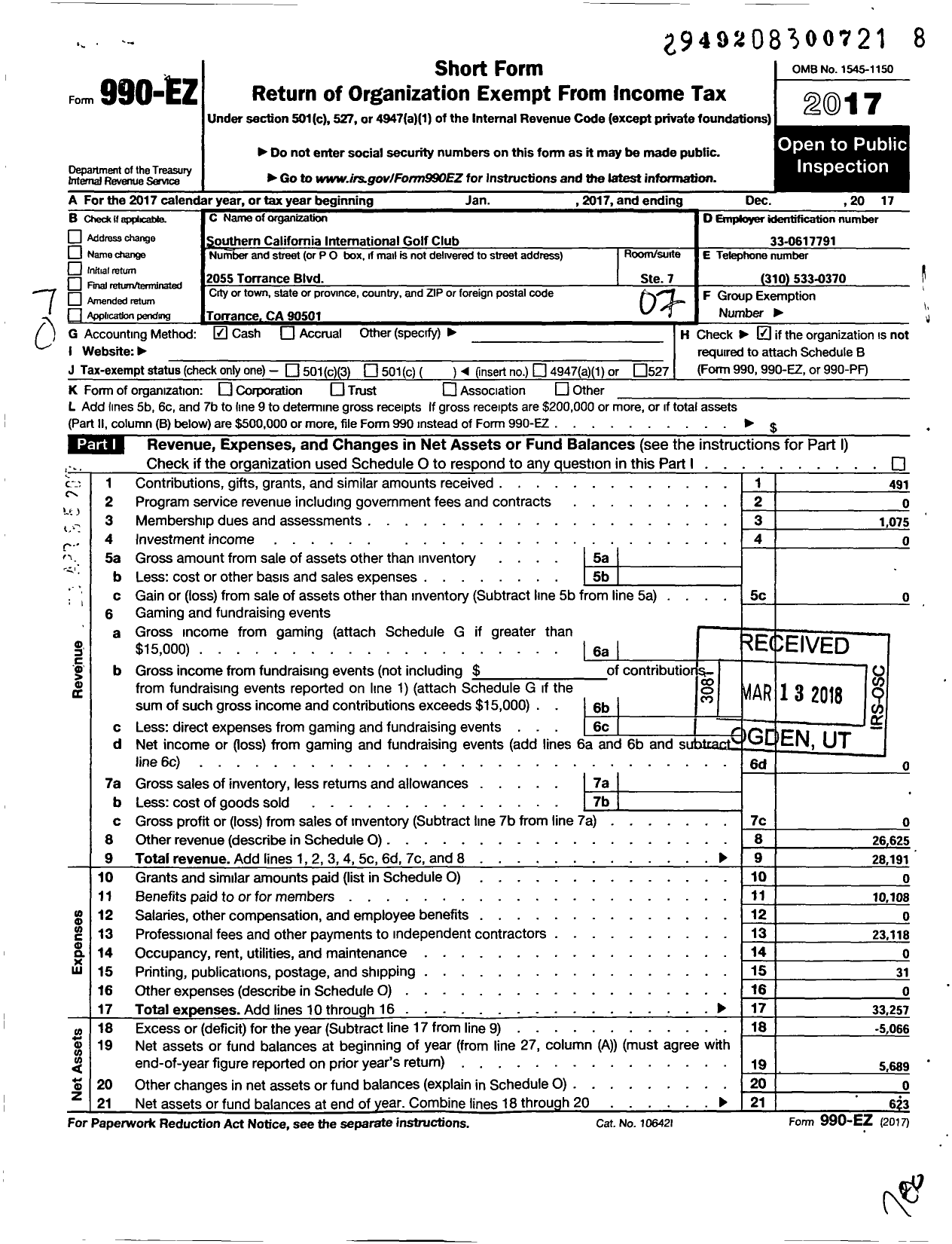 Image of first page of 2017 Form 990EO for Southern California International Golf Club