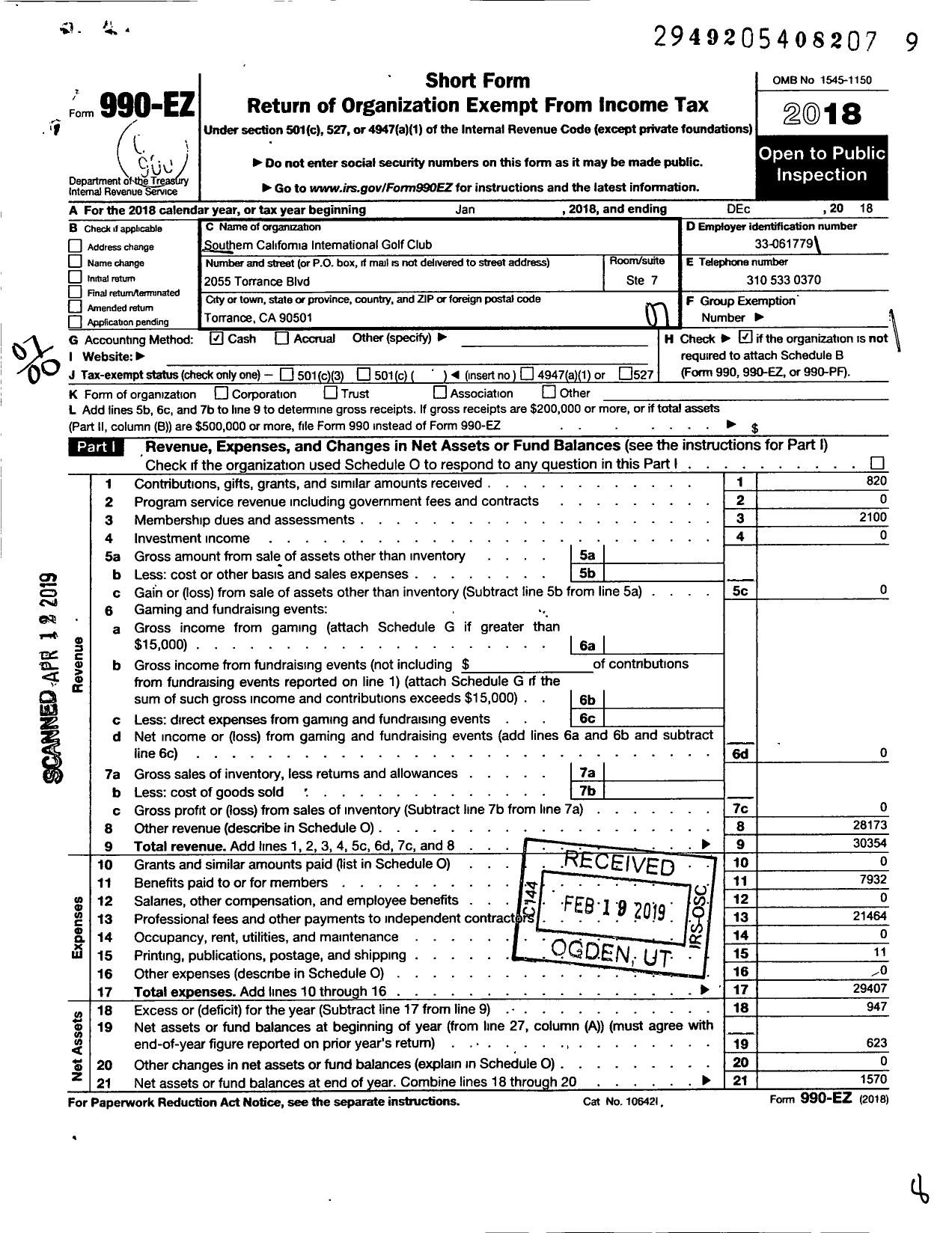 Image of first page of 2018 Form 990EO for Southern California International Golf Club