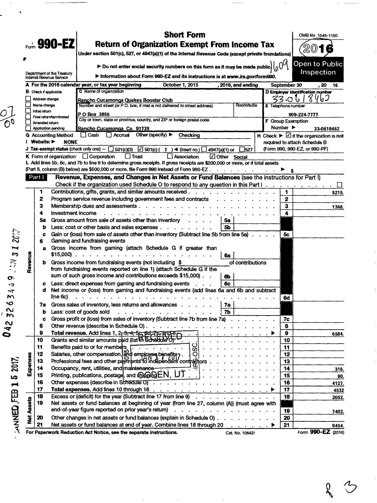 Image of first page of 2015 Form 990EO for Rancho Cucamonga Quakes Booster Club