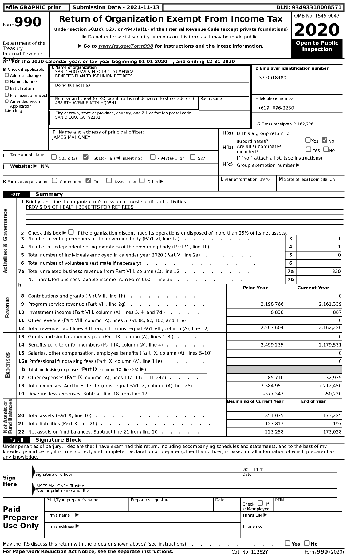 Image of first page of 2020 Form 990 for San Diego Gas and Electric Medical Benefits Plan Trust / Medical Benefits PLN Union Reitrees