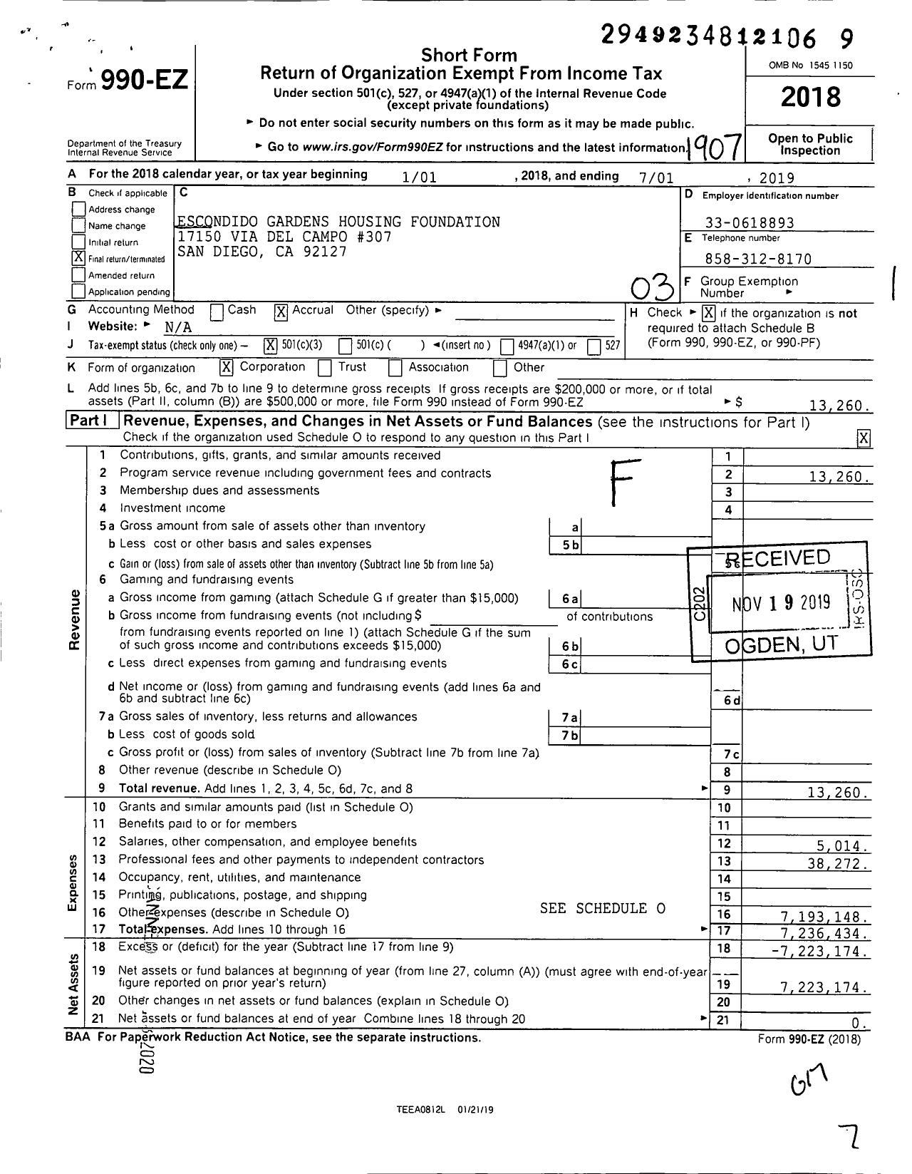 Image of first page of 2018 Form 990EZ for Escondido Gardens Housing Foundation