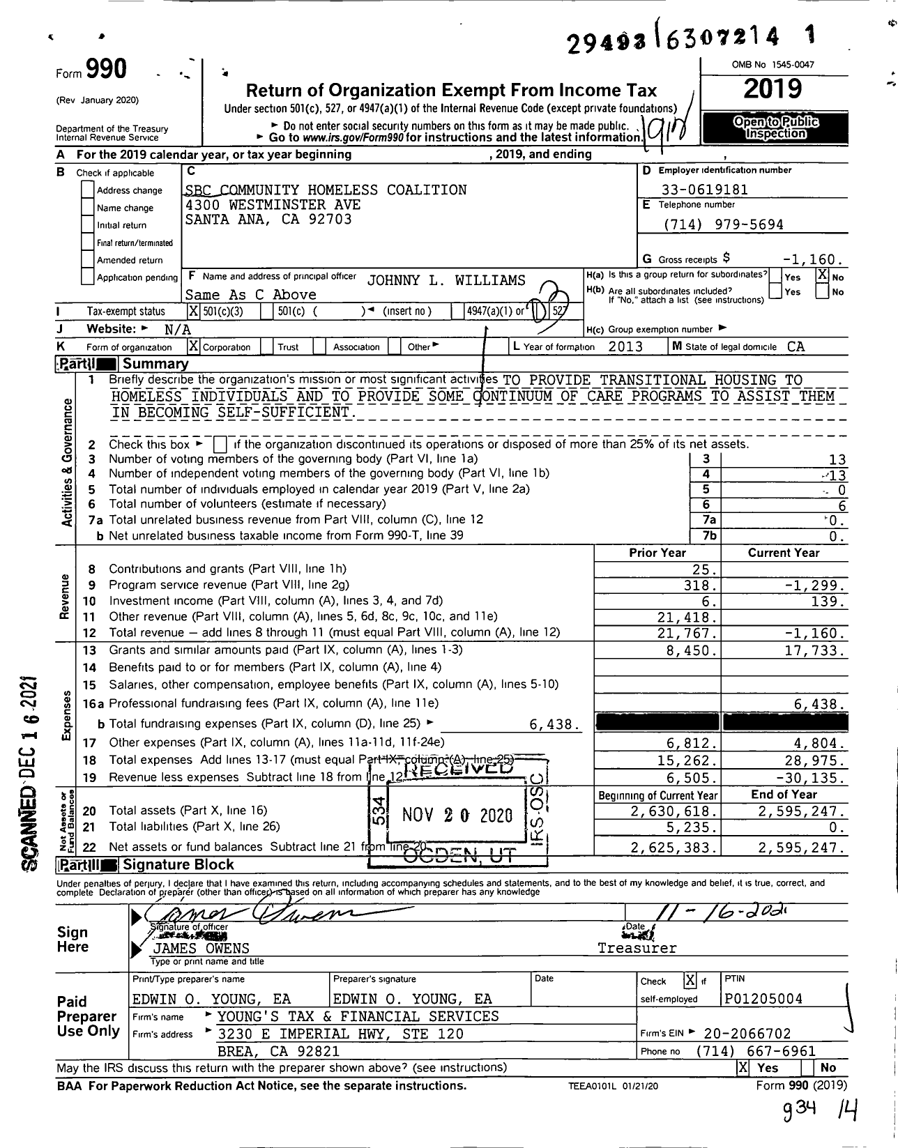 Image of first page of 2019 Form 990 for SBC Community Homeless Coalition