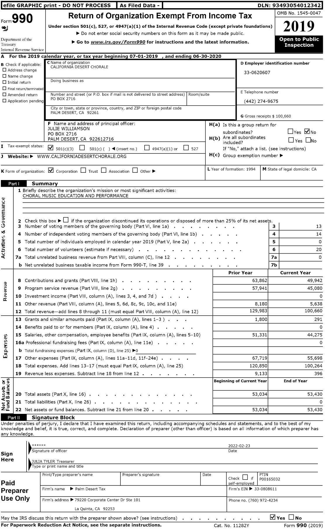 Image of first page of 2019 Form 990 for California Desert Chorale