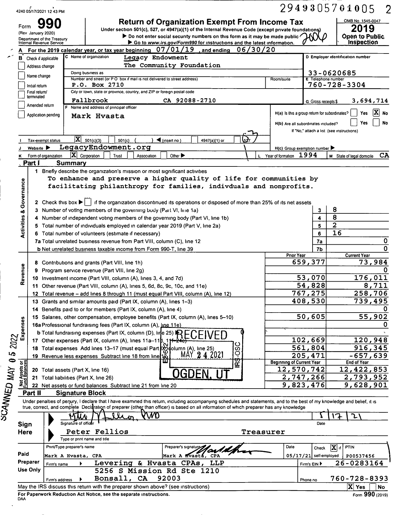 Image of first page of 2019 Form 990 for Legacy Endowment - The Community Foundation