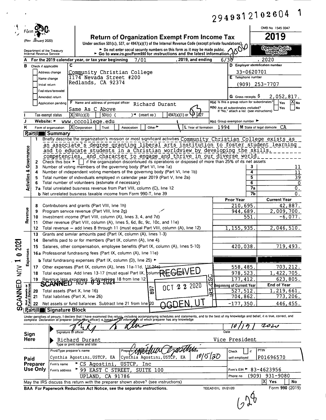 Image of first page of 2019 Form 990 for Community Christian College