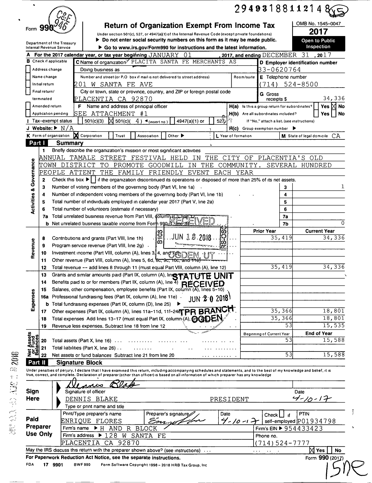 Image of first page of 2017 Form 990O for Placita Santa Fe Merchants Association