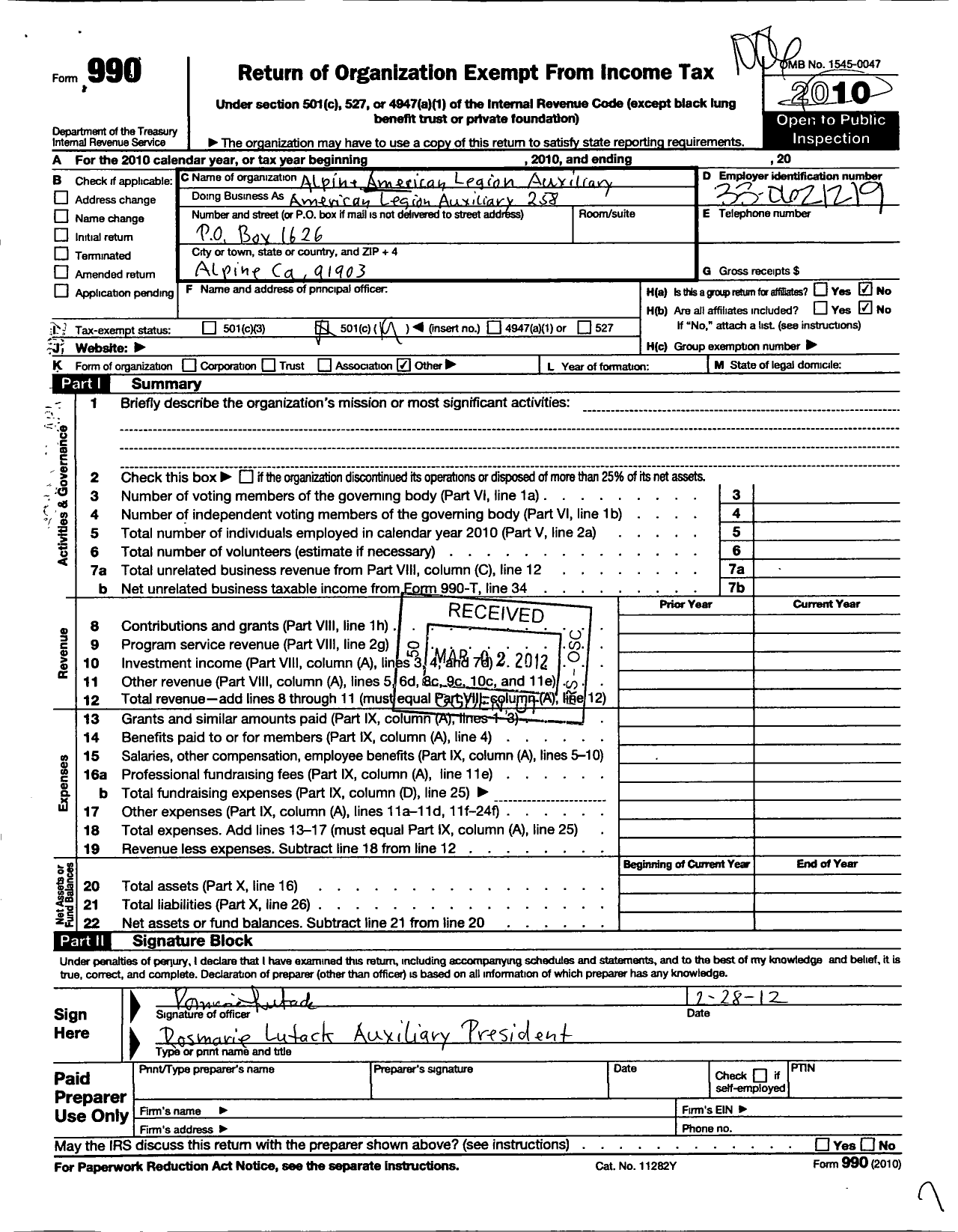 Image of first page of 2009 Form 990O for American Legion Auxiliary - 0258 Alpine Unit