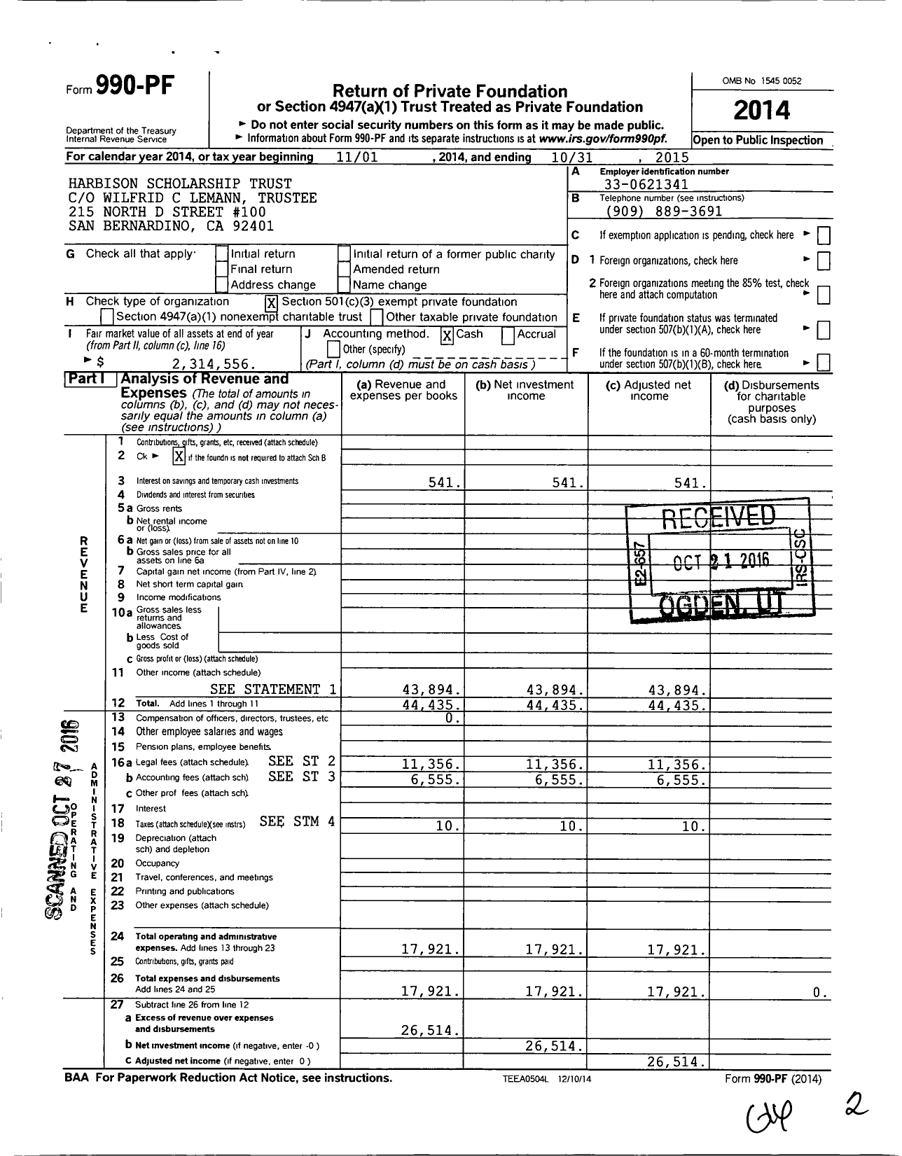 Image of first page of 2014 Form 990PF for Harbison Scholarship Trust