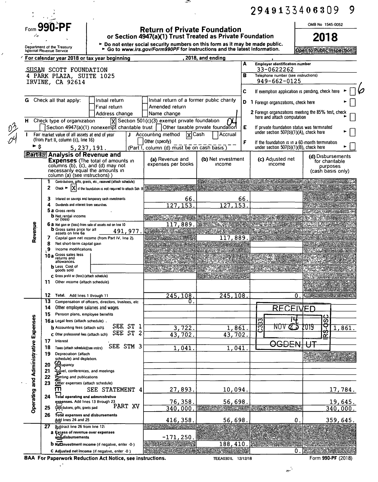 Image of first page of 2018 Form 990PF for Susan Scott Foundation