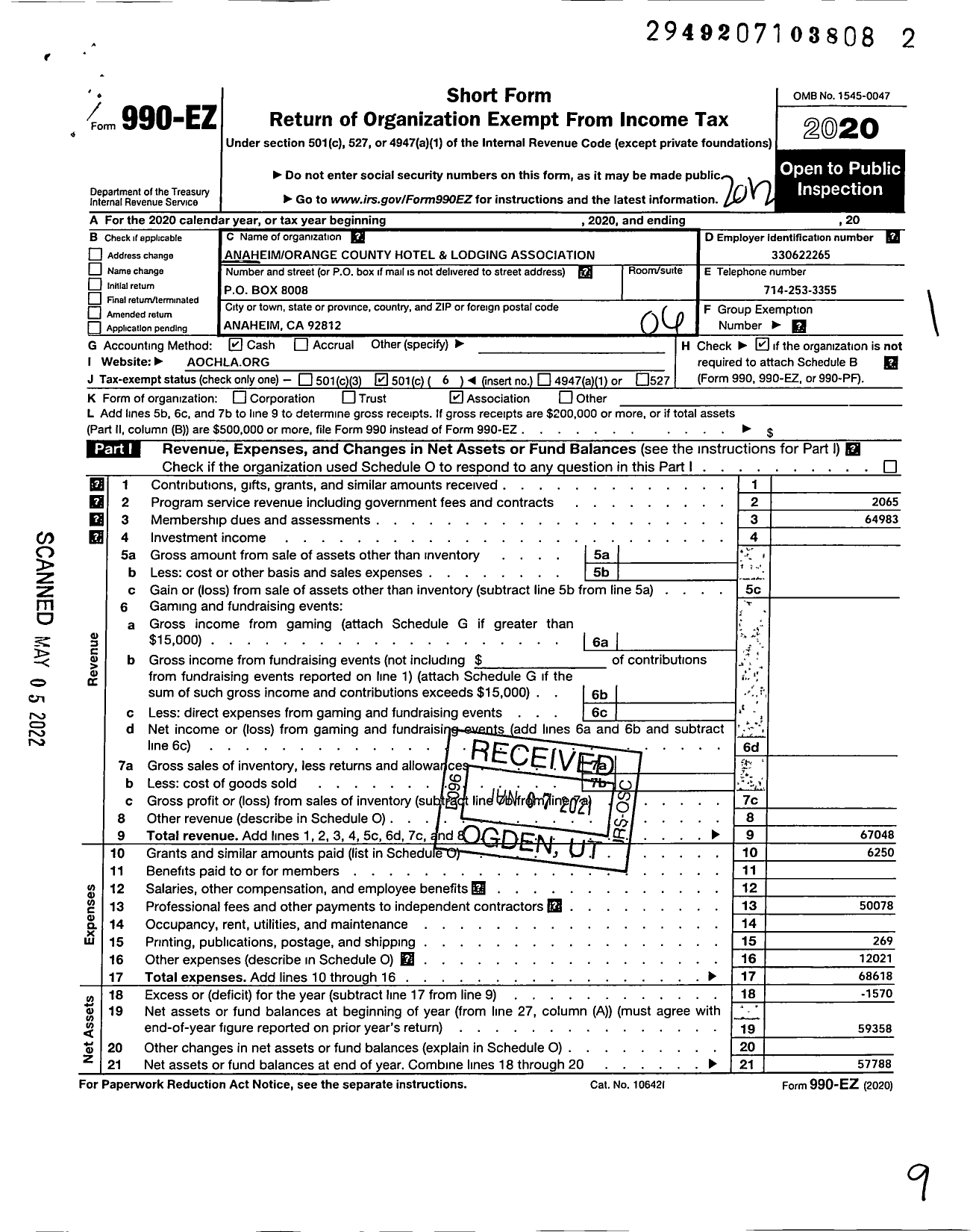 Image of first page of 2020 Form 990EO for AnaheimOrange County Hotel and Lodging Association