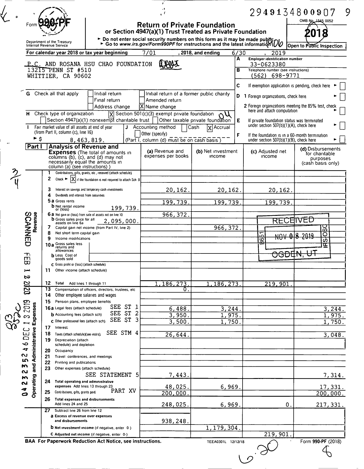 Image of first page of 2018 Form 990PF for PC and Rosana Hsu Chao Foundation