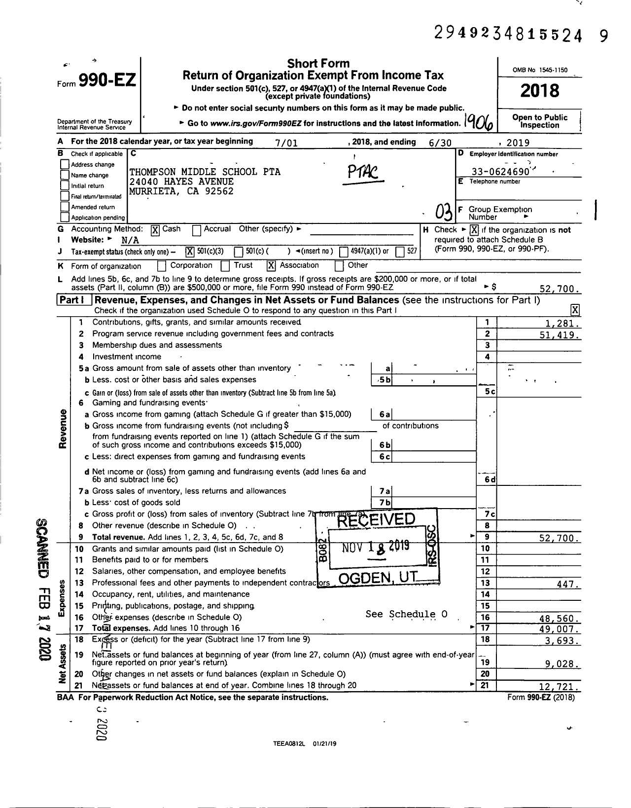Image of first page of 2018 Form 990EZ for California State PTA - 5069 Thompson Middle Ptsa