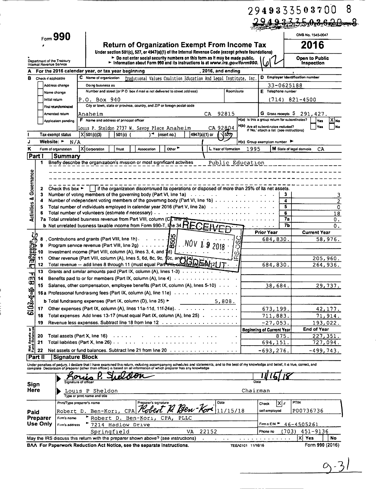 Image of first page of 2016 Form 990 for Traditional Values Coalition Education and Legal Institute