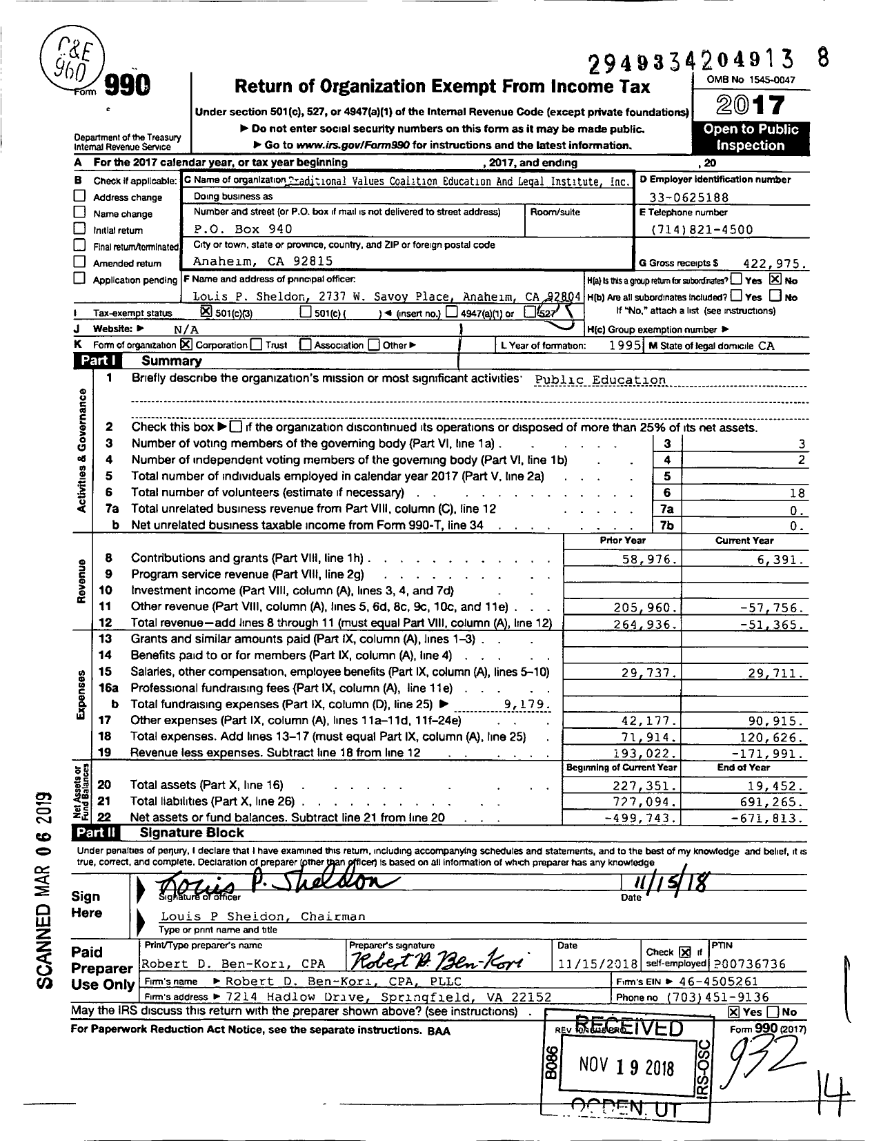 Image of first page of 2017 Form 990 for Traditional Values Coalition Education and Legal Institute