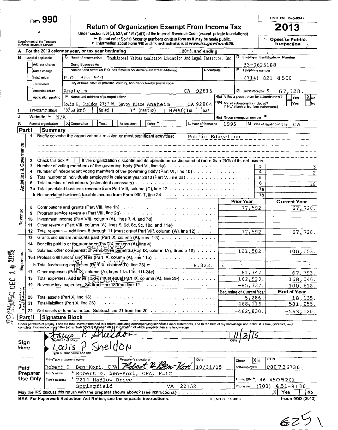 Image of first page of 2013 Form 990 for Traditional Values Coalition Education and Legal Institute