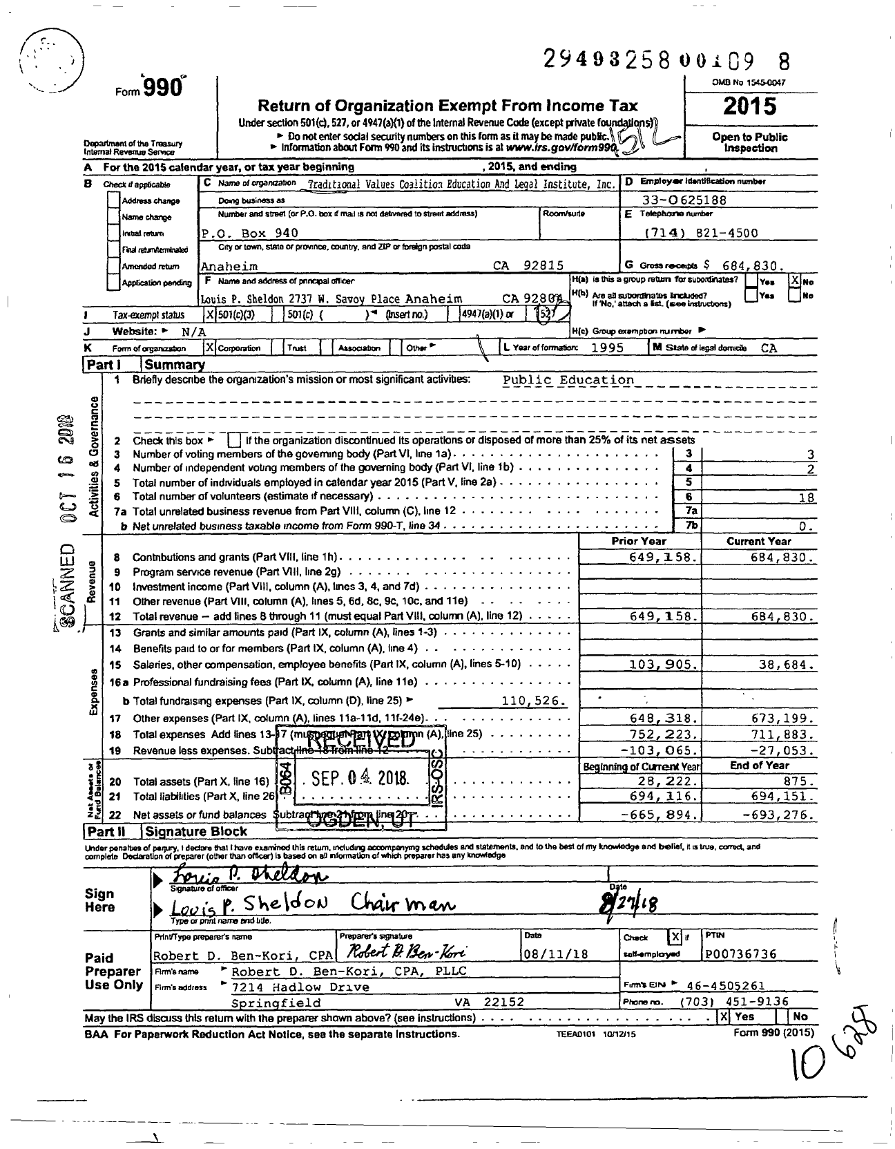 Image of first page of 2015 Form 990 for Traditional Values Coalition Education and Legal Institute