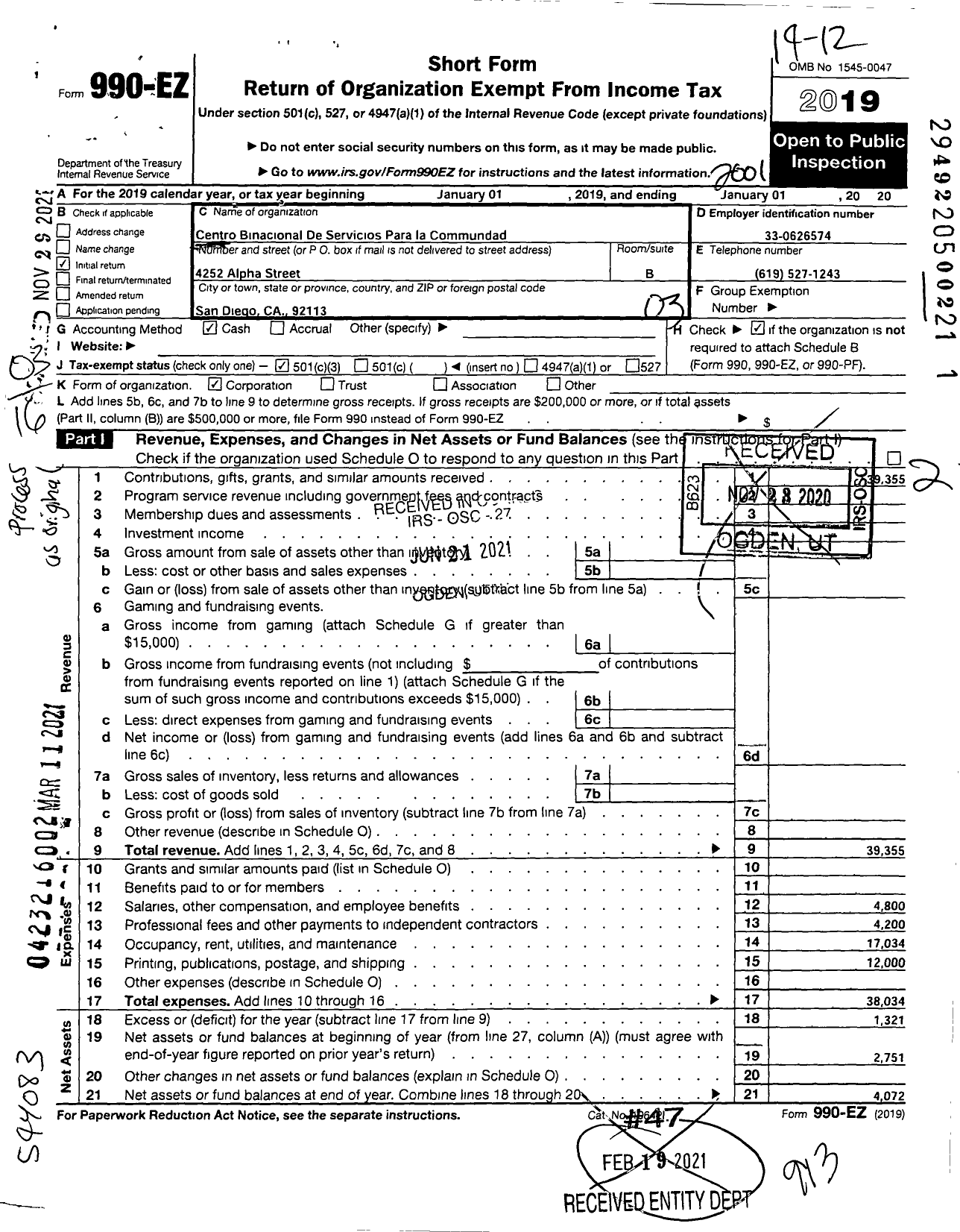 Image of first page of 2019 Form 990EZ for Centro Binacional de Servicios Sociales Para La Comunidad