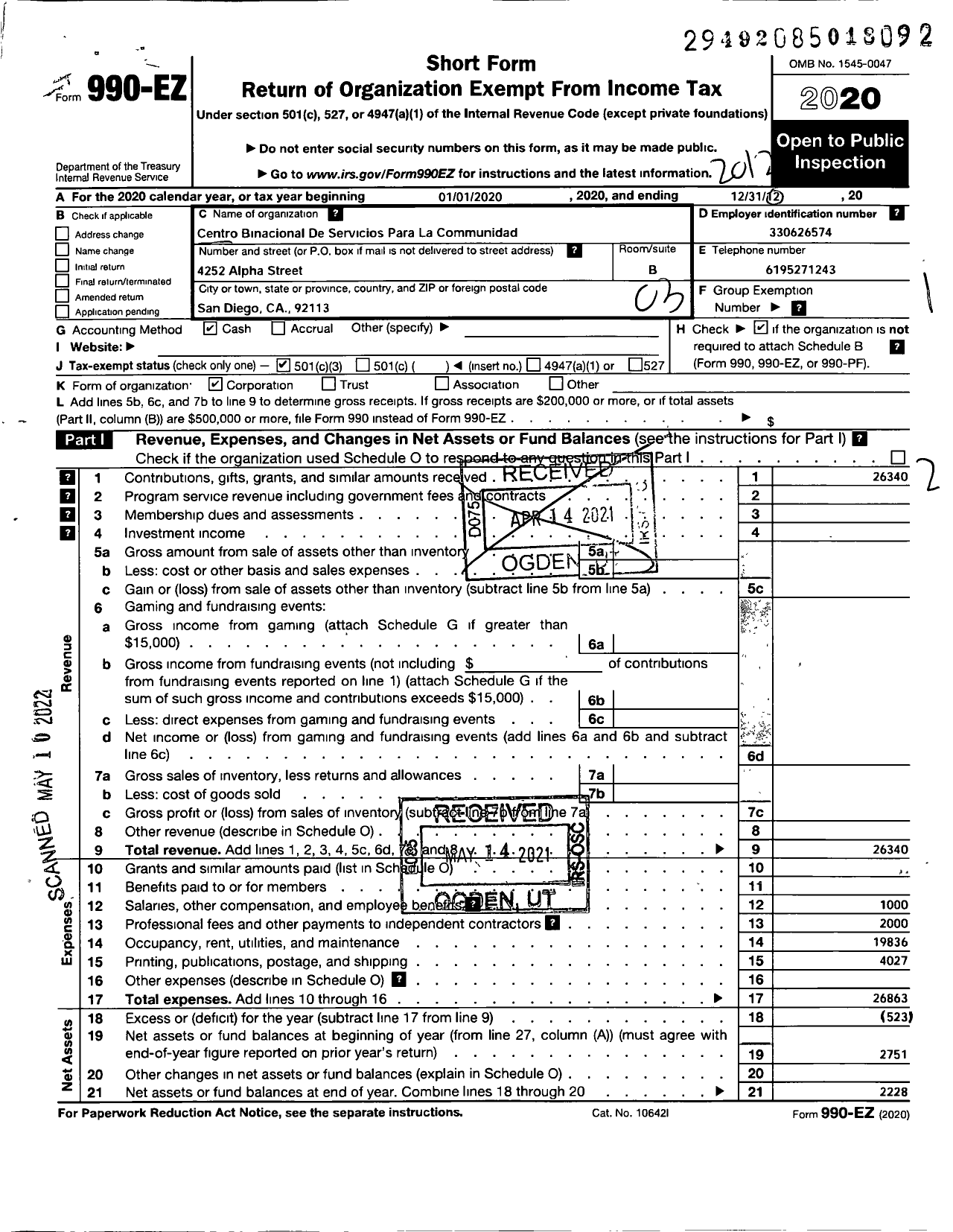 Image of first page of 2020 Form 990EZ for Centro Binacional de Servicios Sociales Para La Comunidad