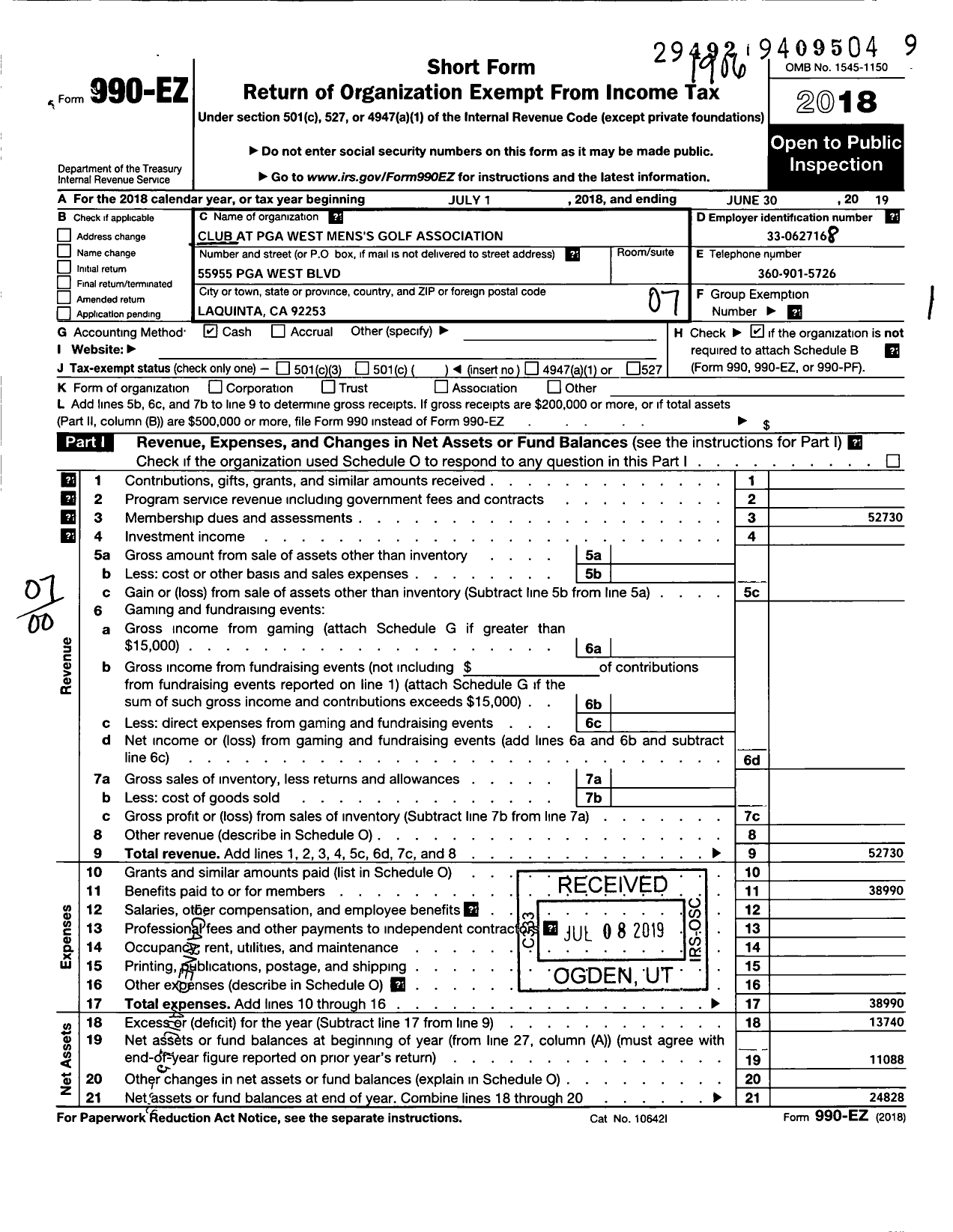 Image of first page of 2018 Form 990EO for Club at Pga West Mens Golf Association