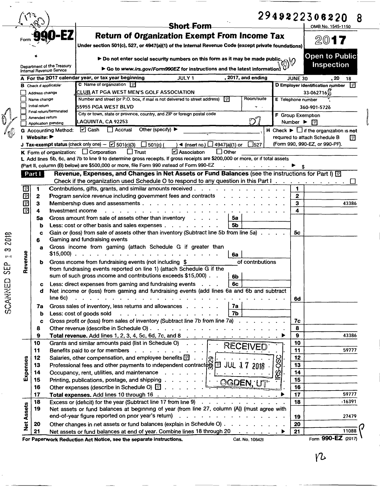 Image of first page of 2017 Form 990EO for Club at Pga West Mens Golf Association