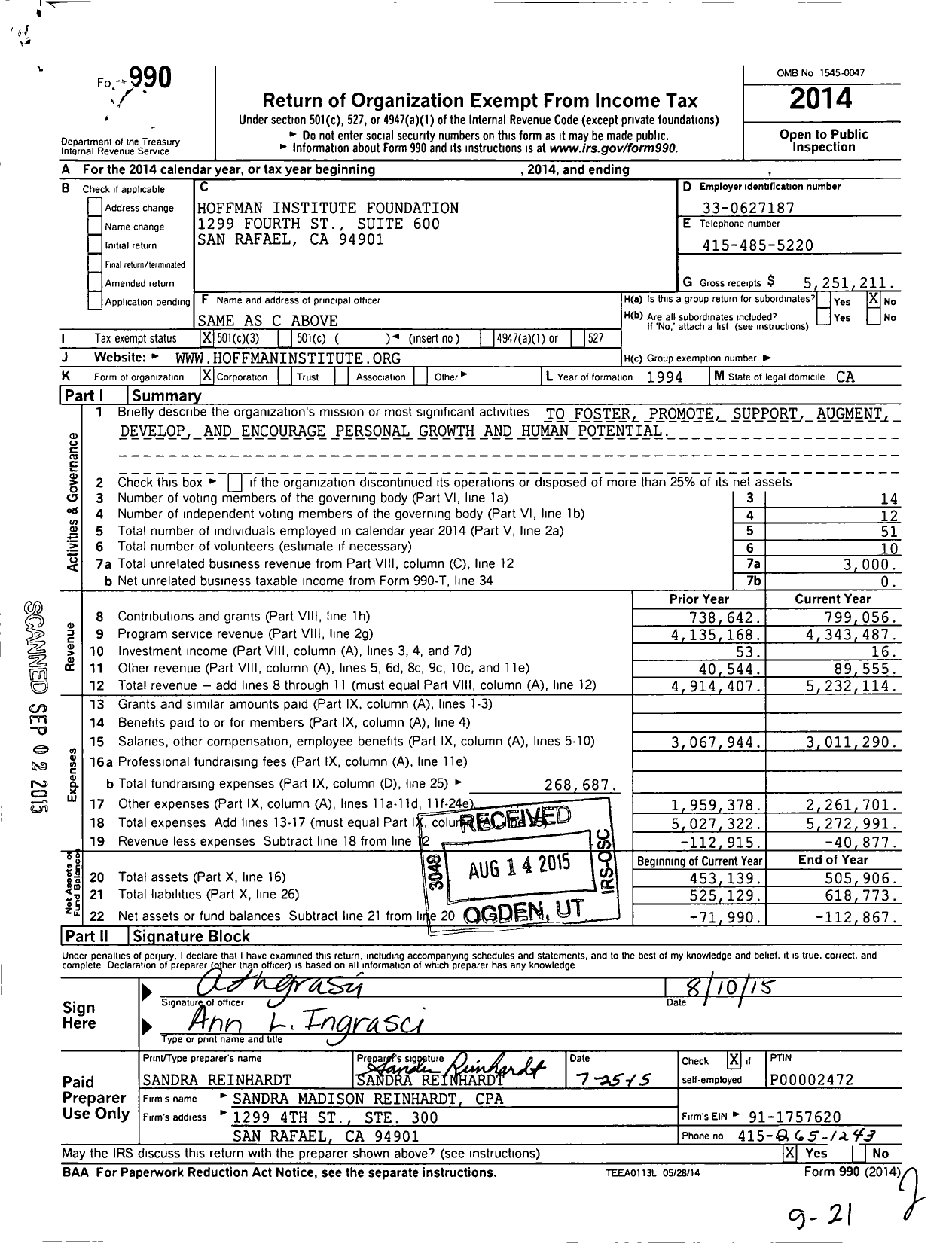 Image of first page of 2014 Form 990 for Hoffman Institute Foundation