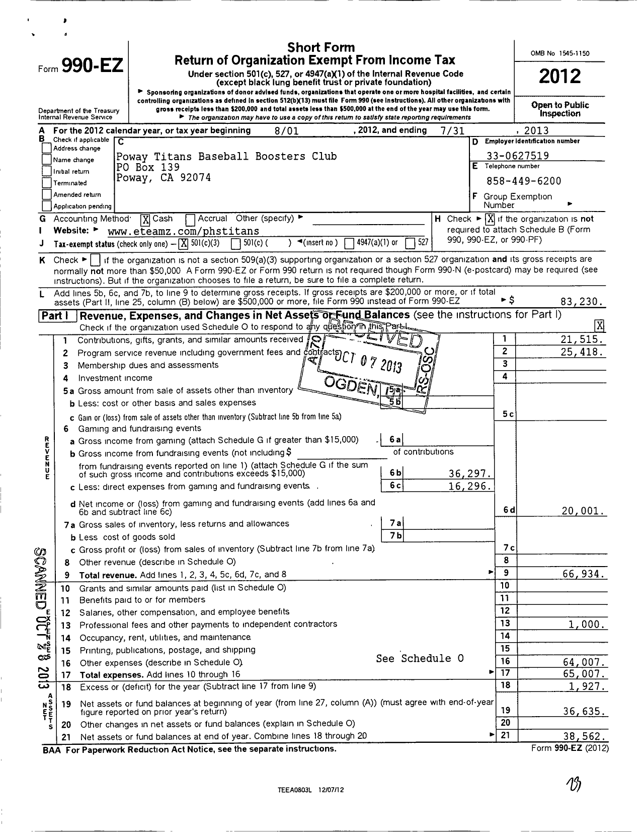 Image of first page of 2012 Form 990EZ for Poway Titans Baseball Boosters