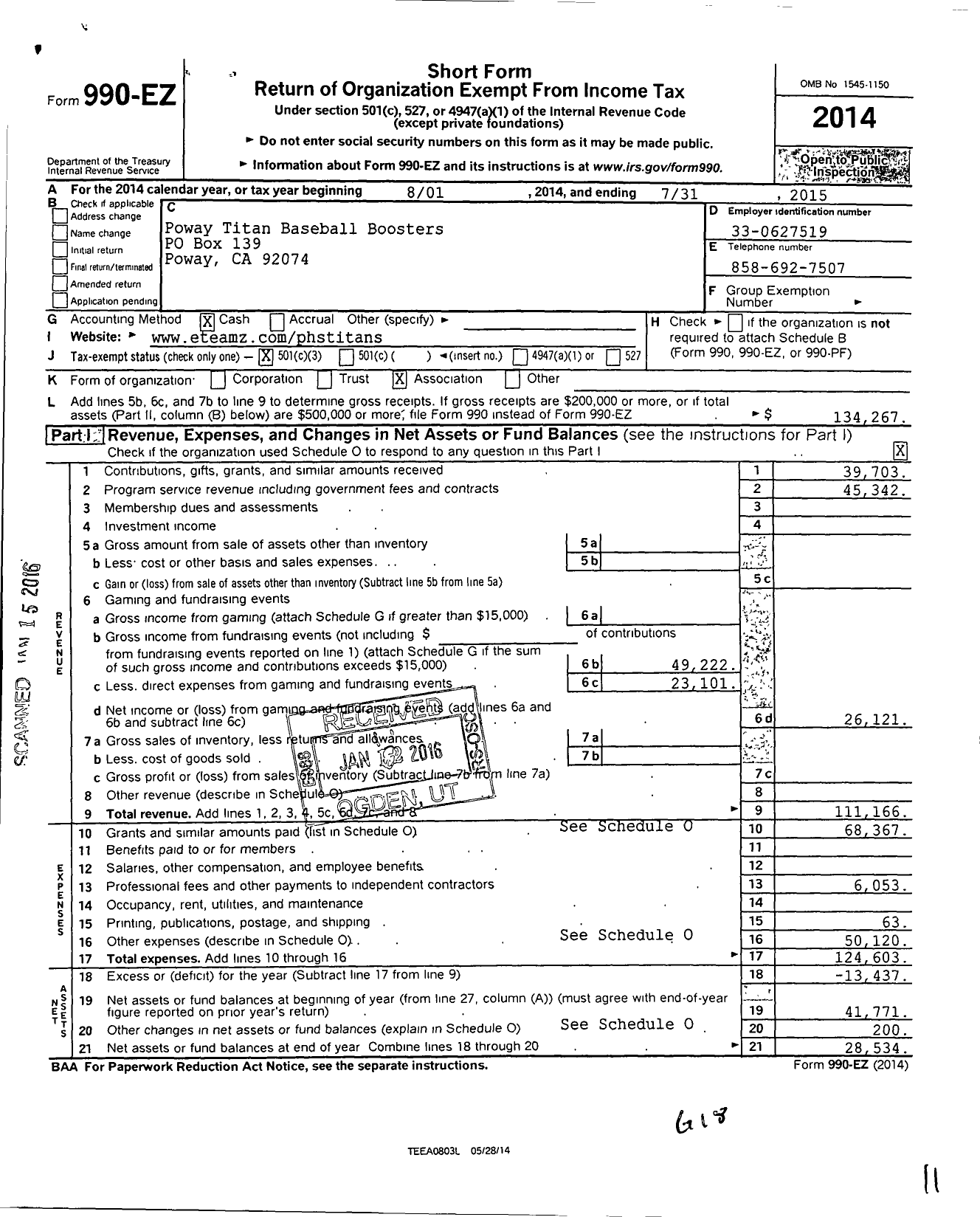 Image of first page of 2014 Form 990EZ for Poway Titans Baseball Boosters