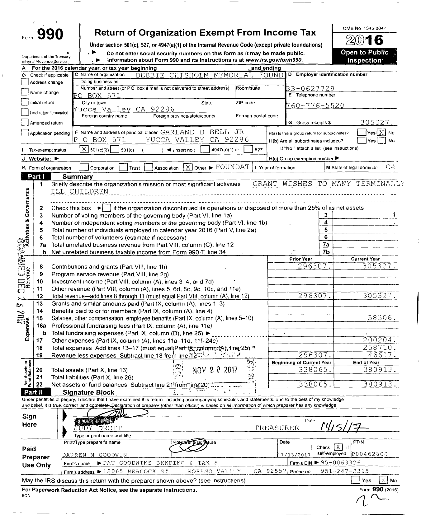 Image of first page of 2016 Form 990 for Debbie Chisholm Memorial Foundation