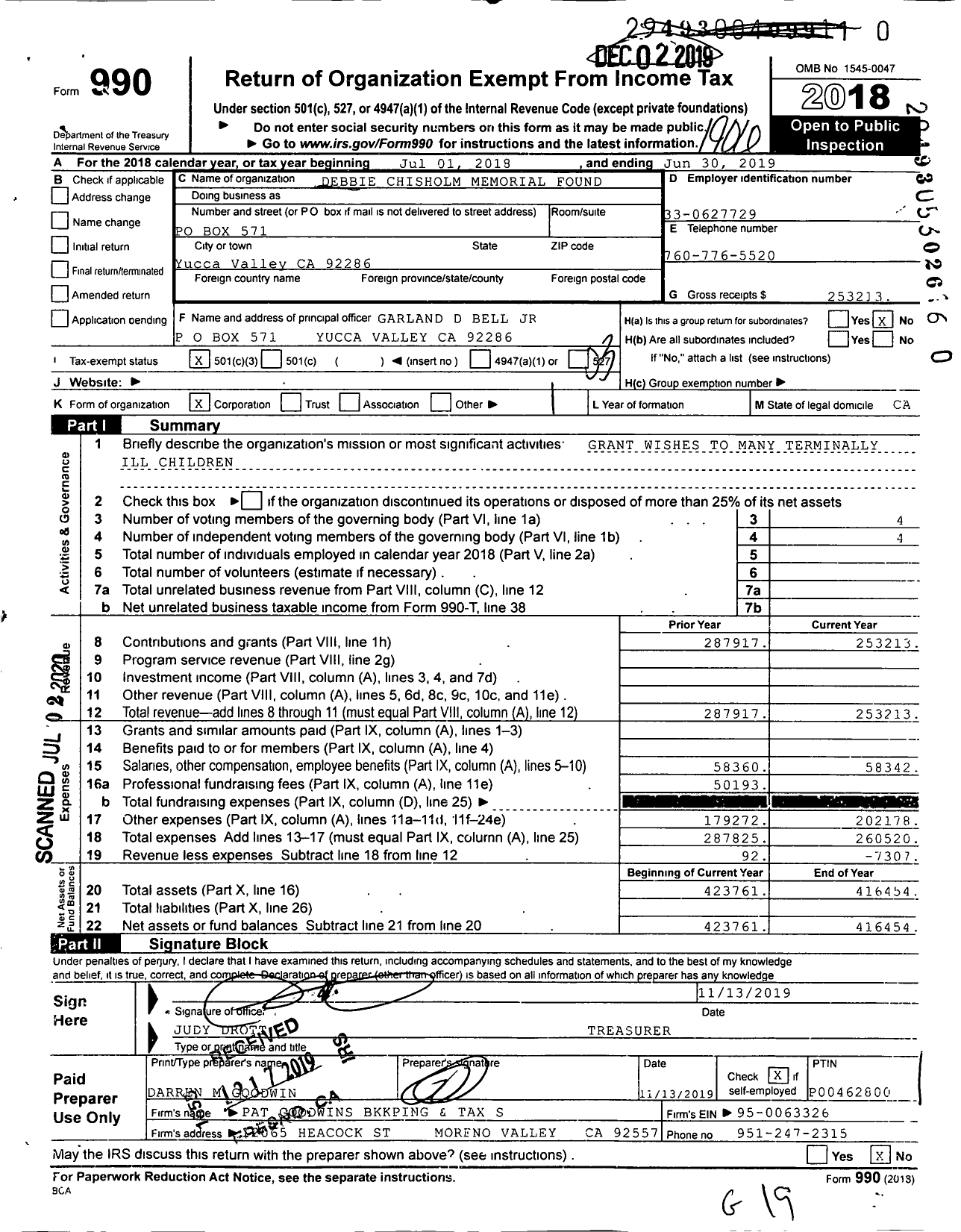 Image of first page of 2018 Form 990 for Debbie Chisholm Memorial Foundation