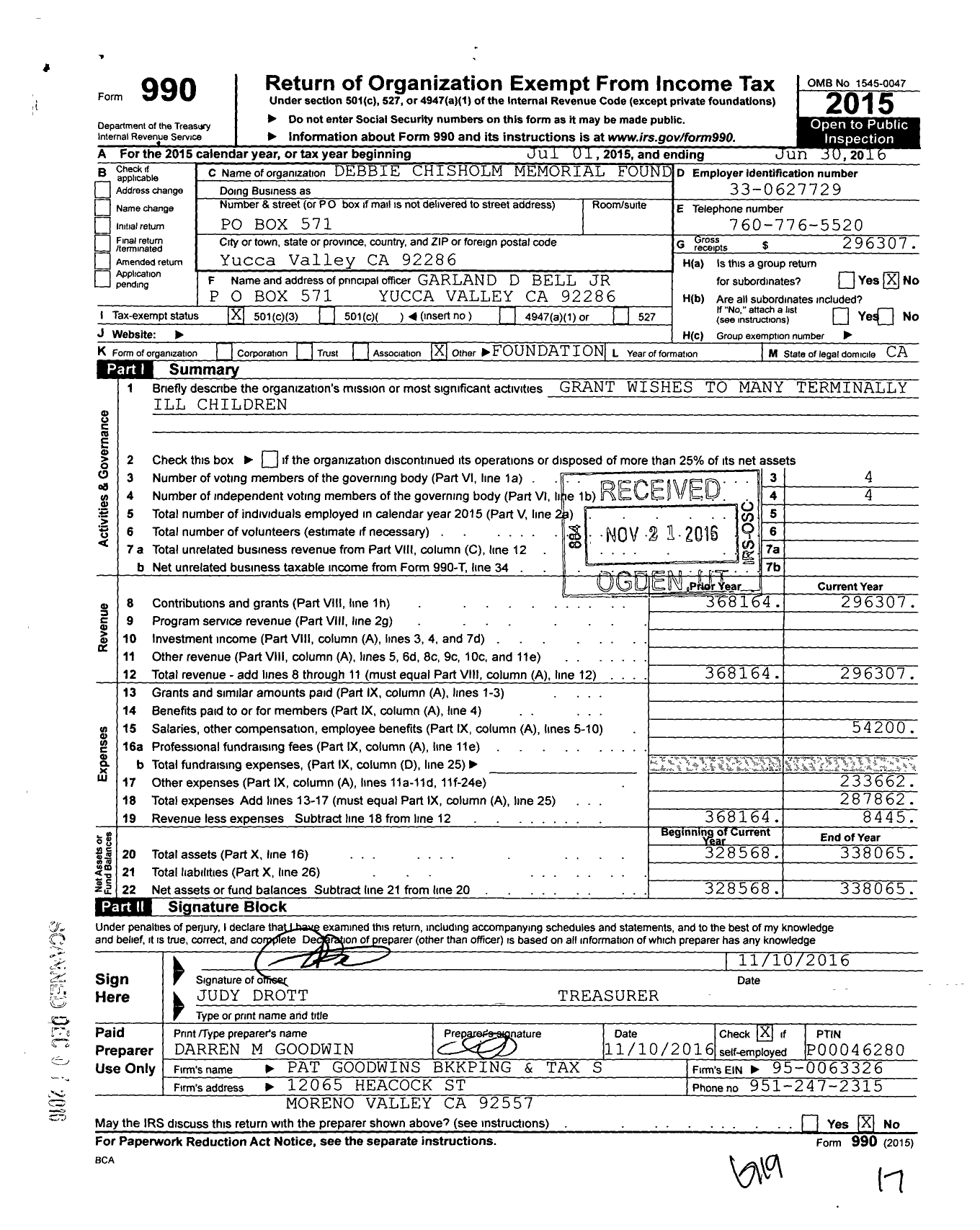 Image of first page of 2015 Form 990 for Debbie Chisholm Memorial Foundation