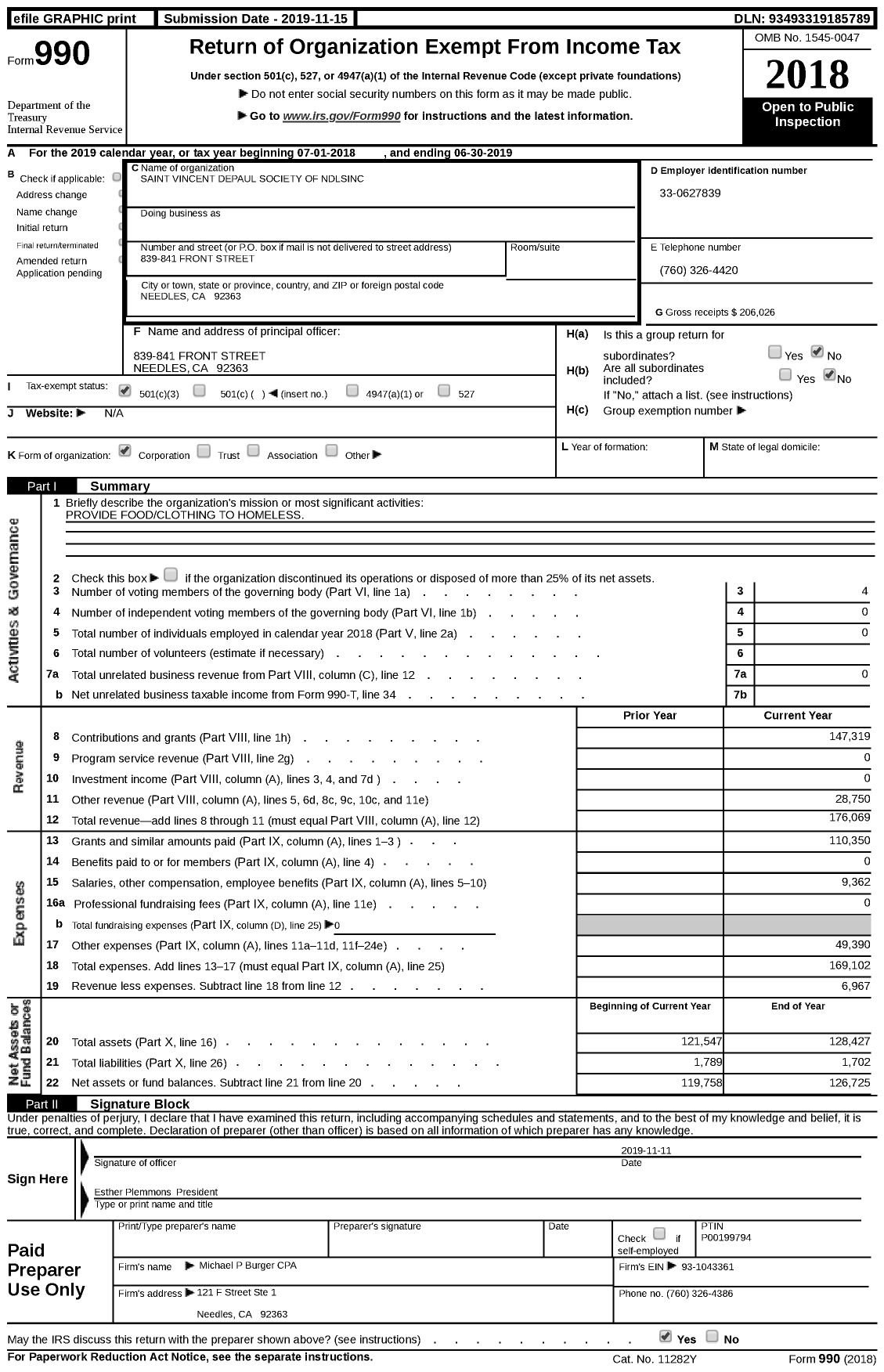 Image of first page of 2018 Form 990 for Saint Vincent Depaul Society of Ndlsinc