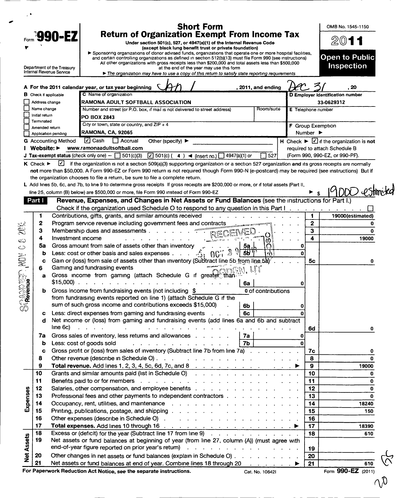 Image of first page of 2011 Form 990EO for Ramona Adult Softball Association