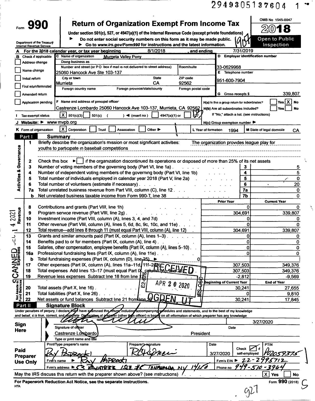 Image of first page of 2018 Form 990 for Murrieta Valley Pony