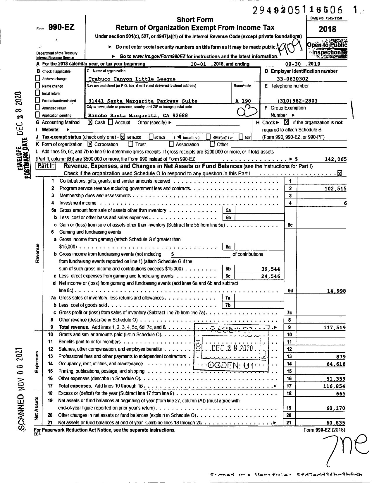 Image of first page of 2018 Form 990EZ for Trabuco Canyon Little League