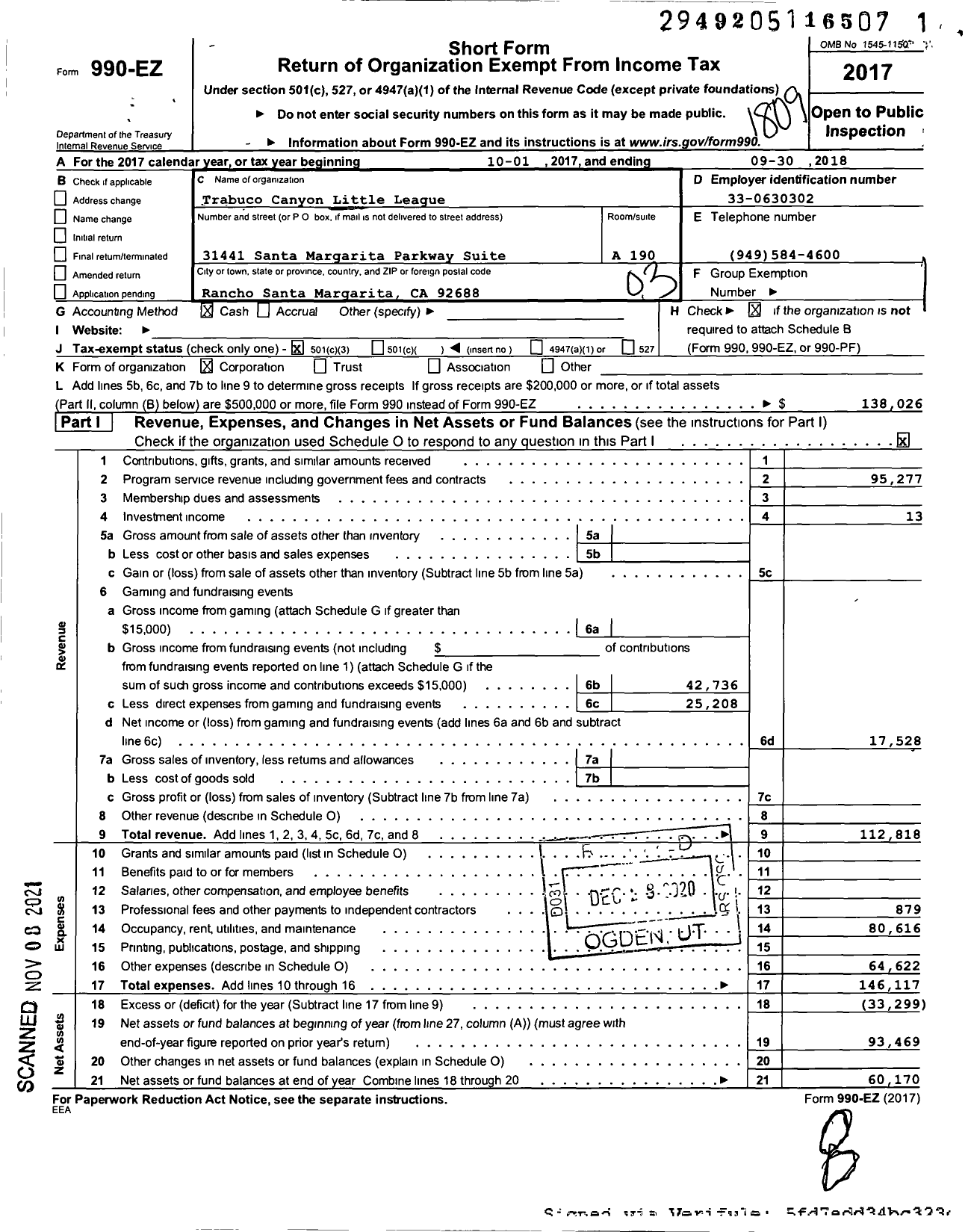 Image of first page of 2017 Form 990EZ for Trabuco Canyon Little League