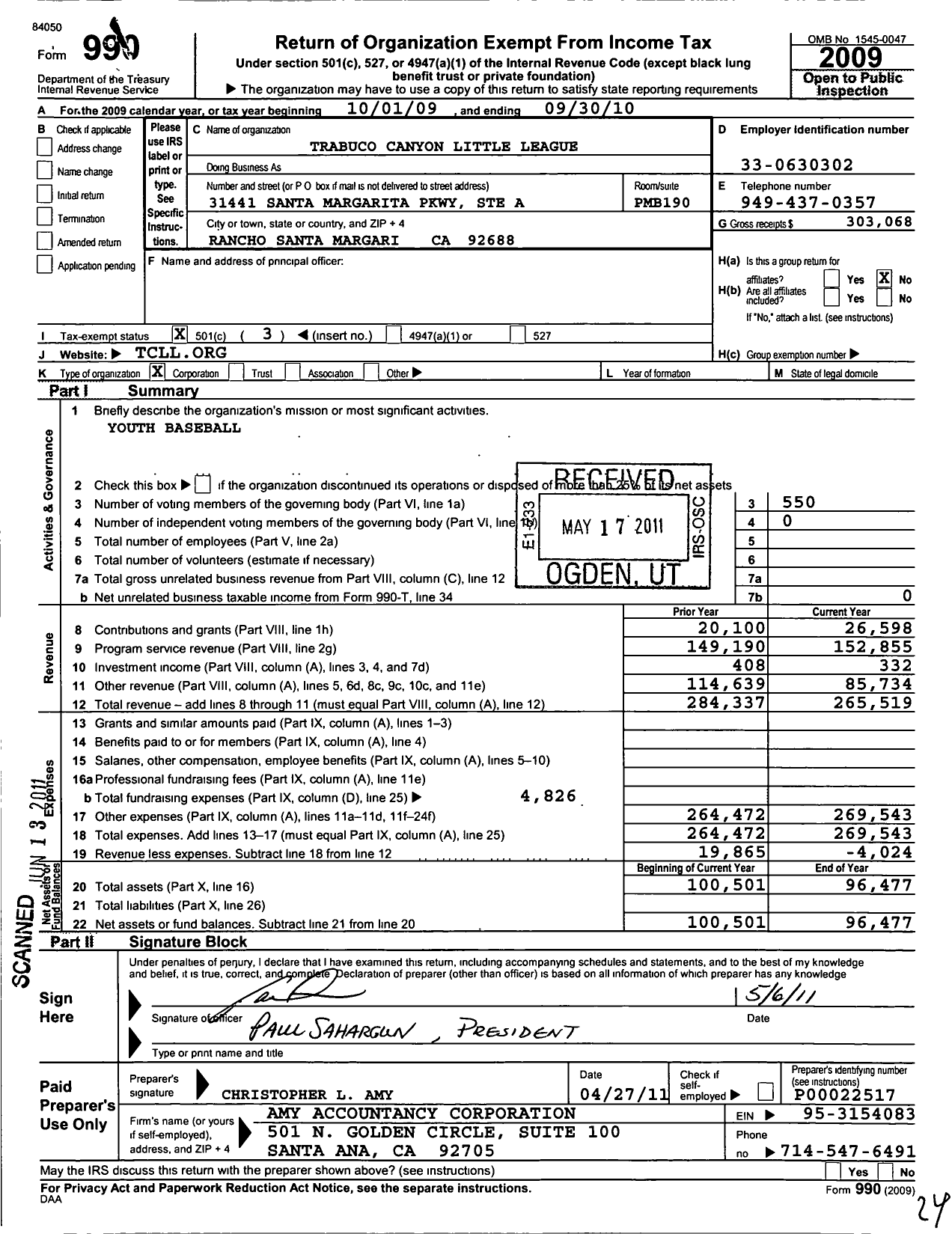 Image of first page of 2009 Form 990 for Trabuco Canyon Little League