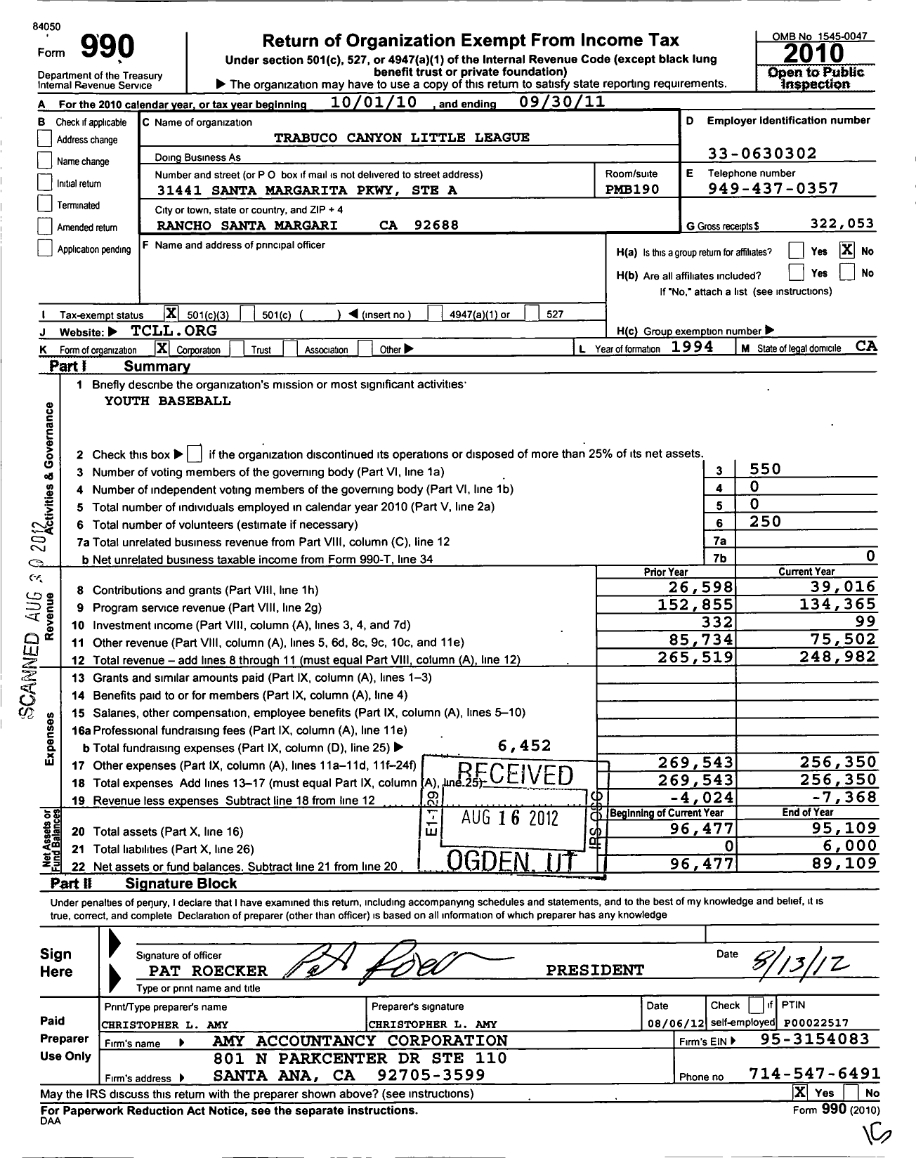 Image of first page of 2010 Form 990 for Trabuco Canyon Little League