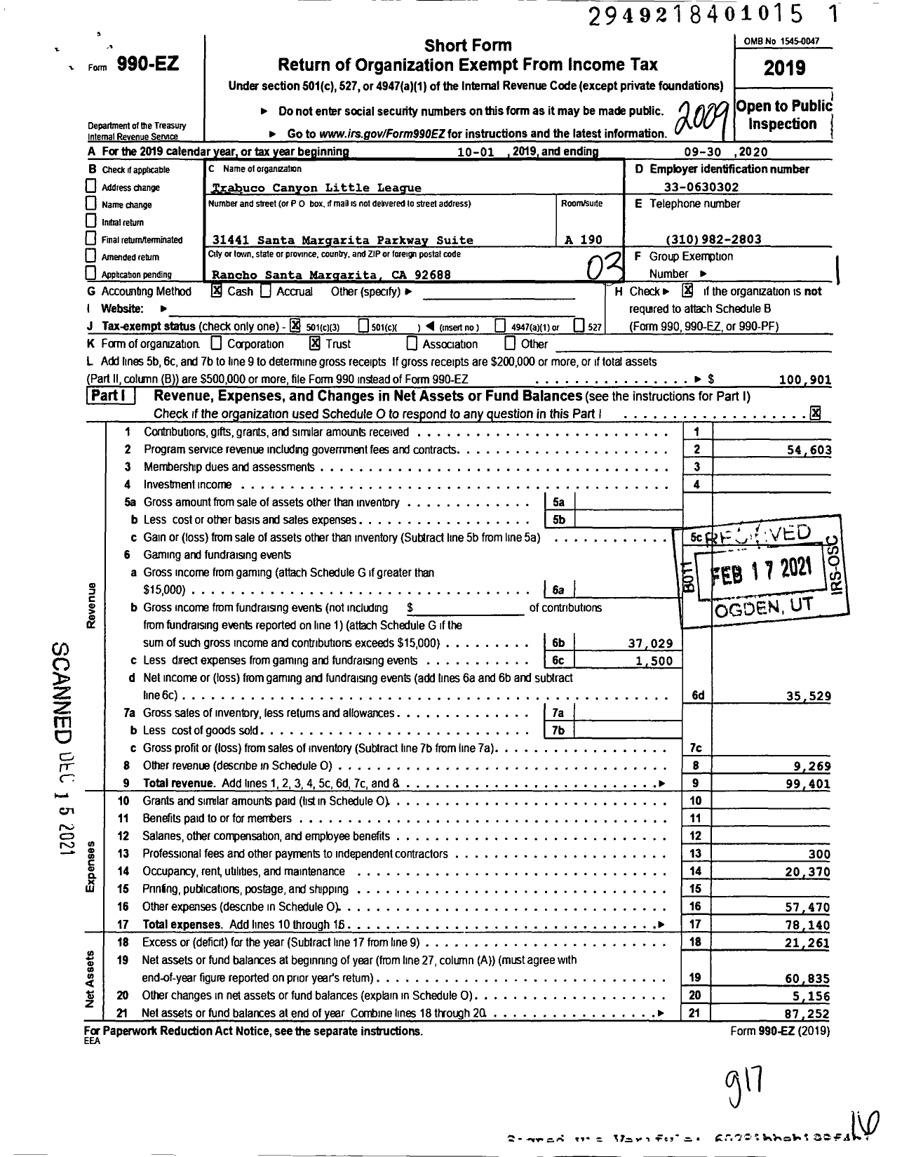 Image of first page of 2019 Form 990EZ for Trabuco Canyon Little League