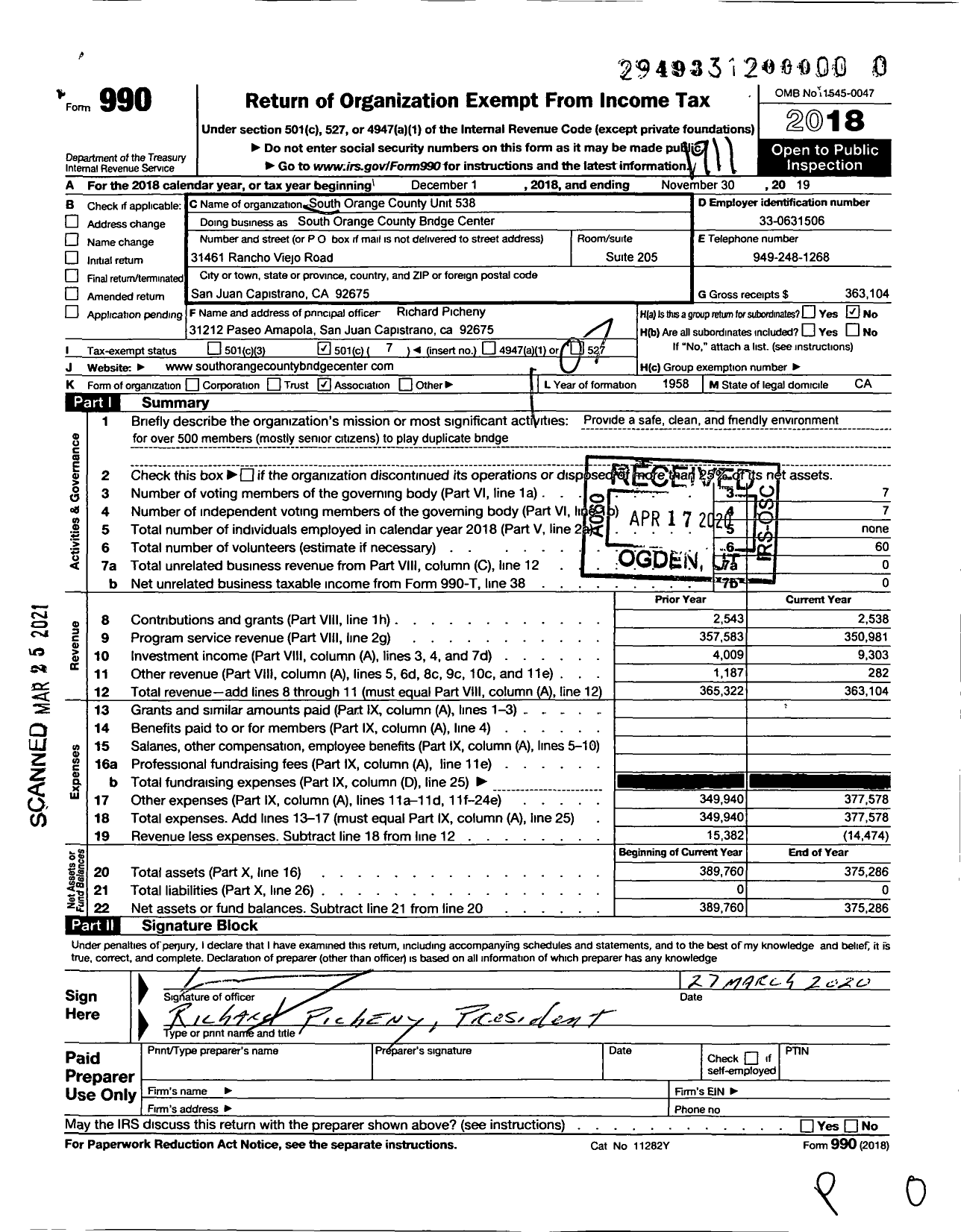 Image of first page of 2018 Form 990O for South Orange County Unit 538