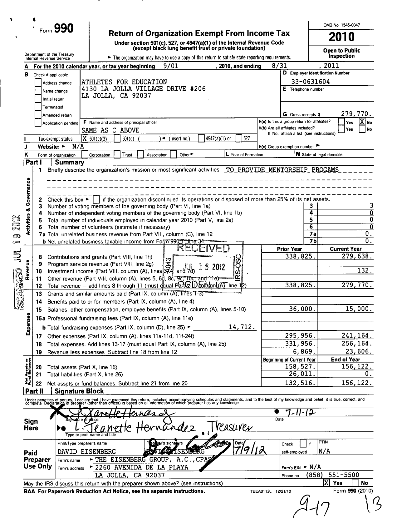 Image of first page of 2010 Form 990 for Athletes for Education