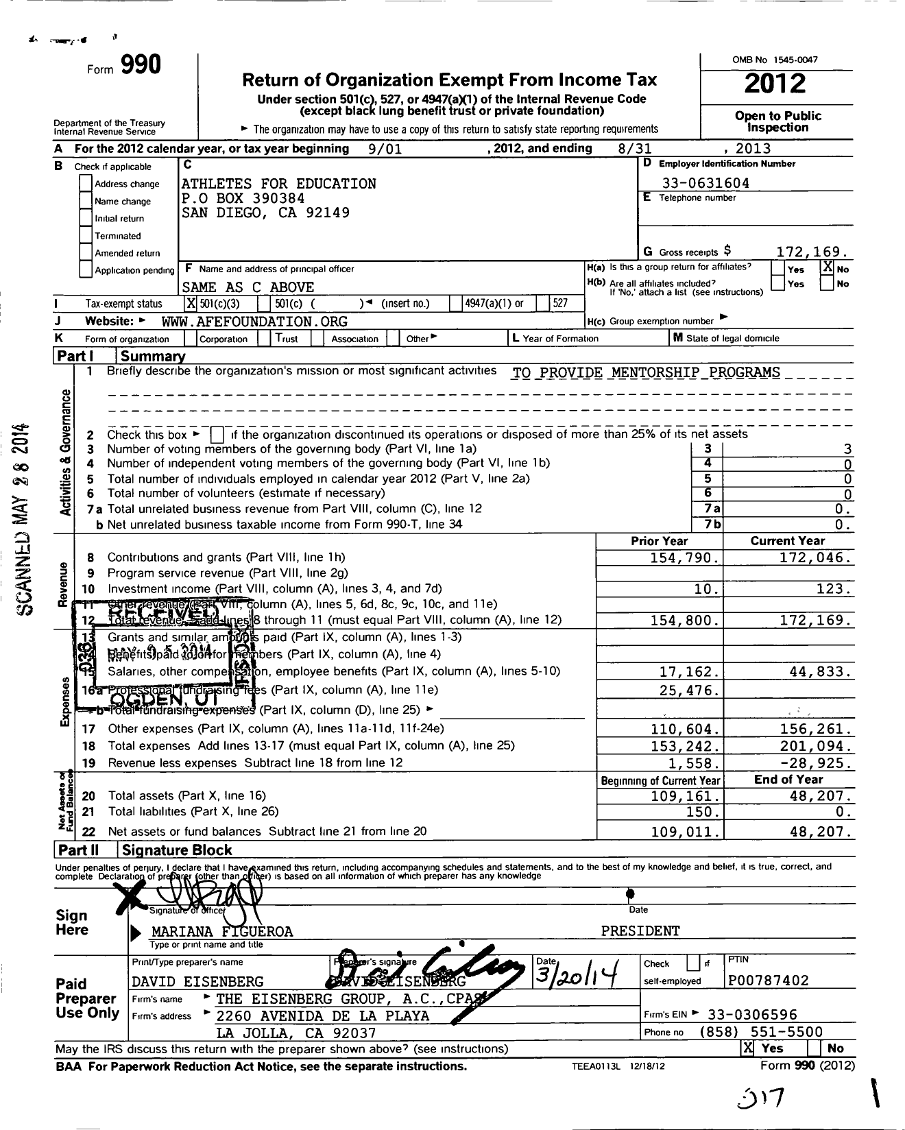 Image of first page of 2012 Form 990 for Athletes for Education