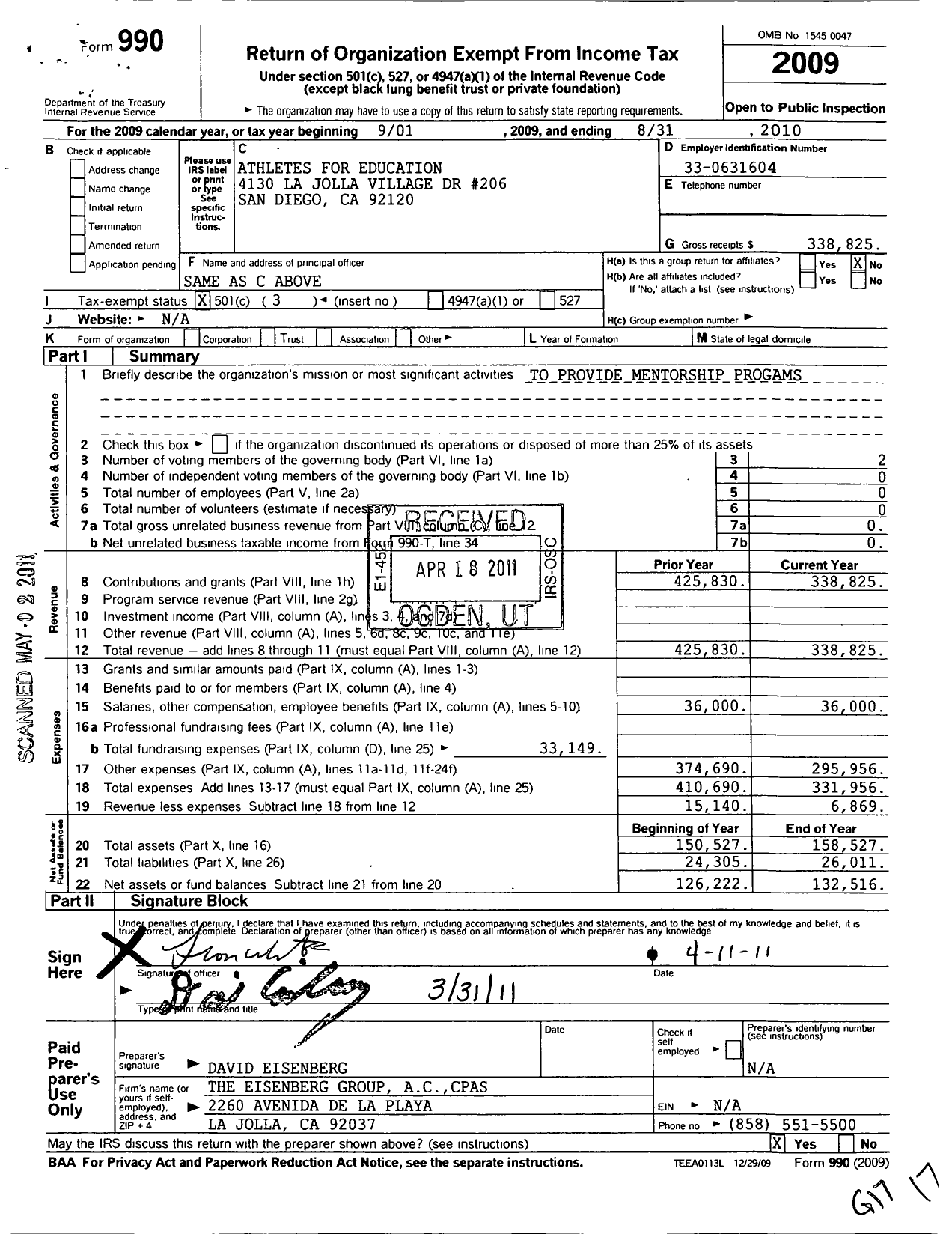 Image of first page of 2009 Form 990 for Athletes for Education